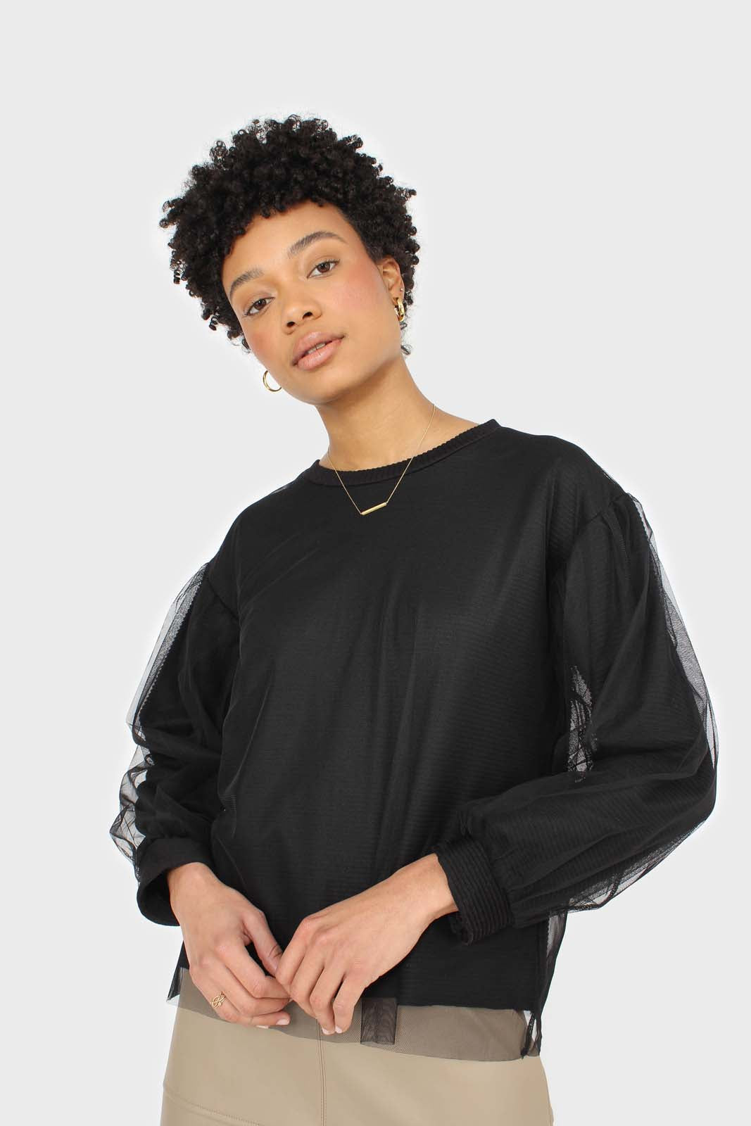 Black organza trim long sleeve sweatshirt_1