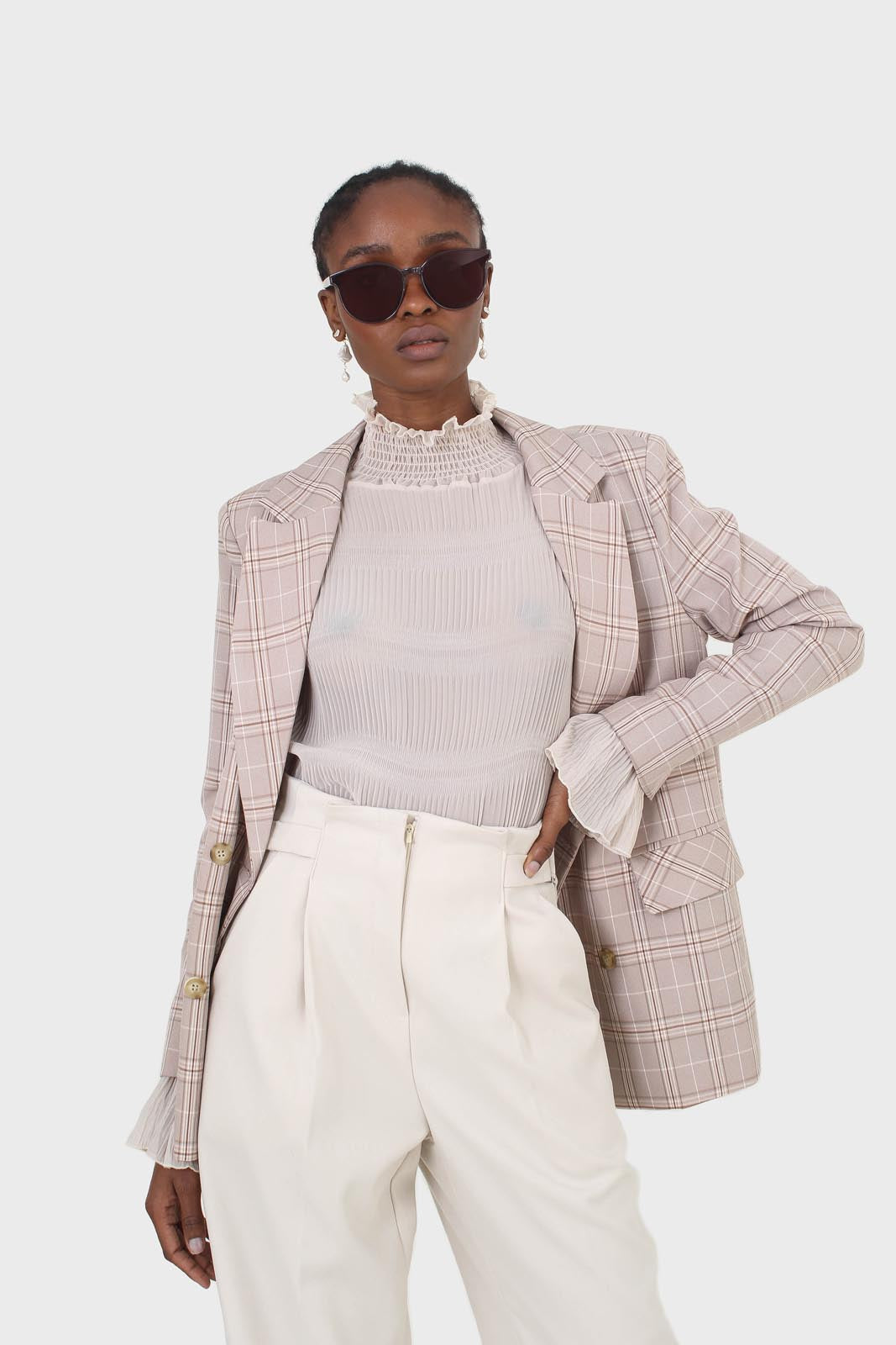 Beige and white checked blazer_6