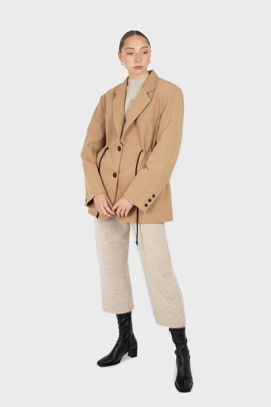 Beige drawstring waist blazer_1