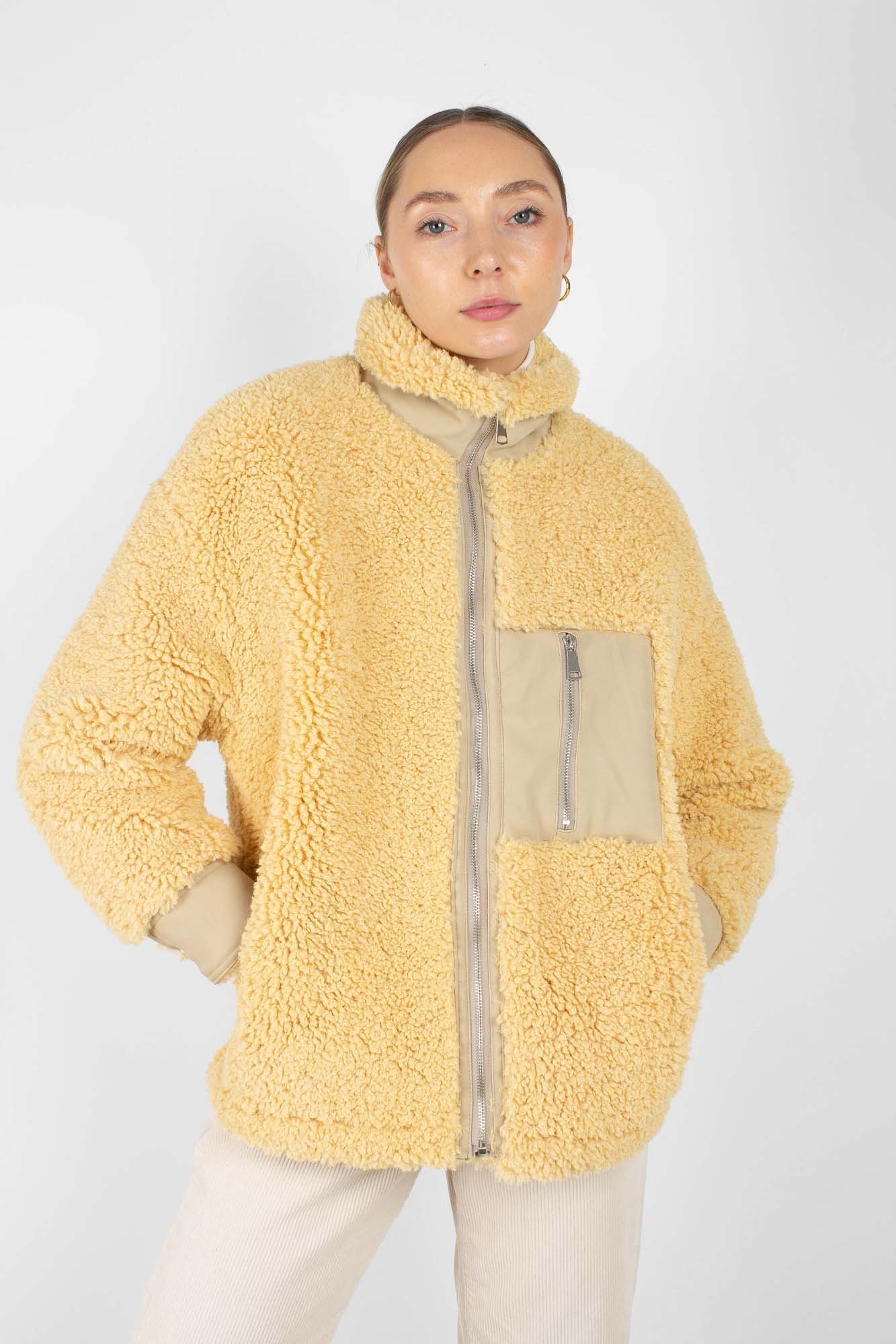 Yellow thick fuzzy contrast zip fleece_1