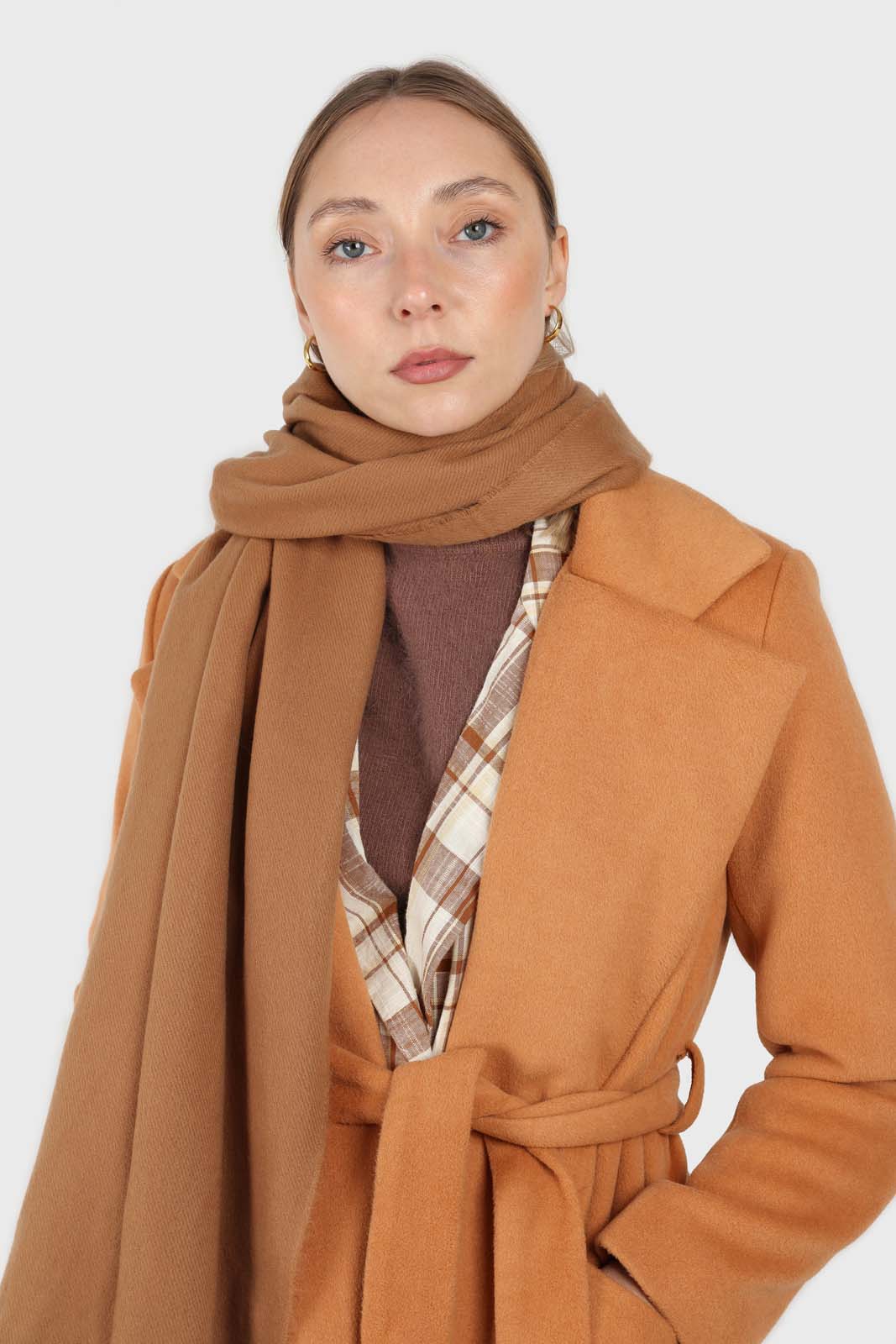 Camel soft wool belted long robe coat_5