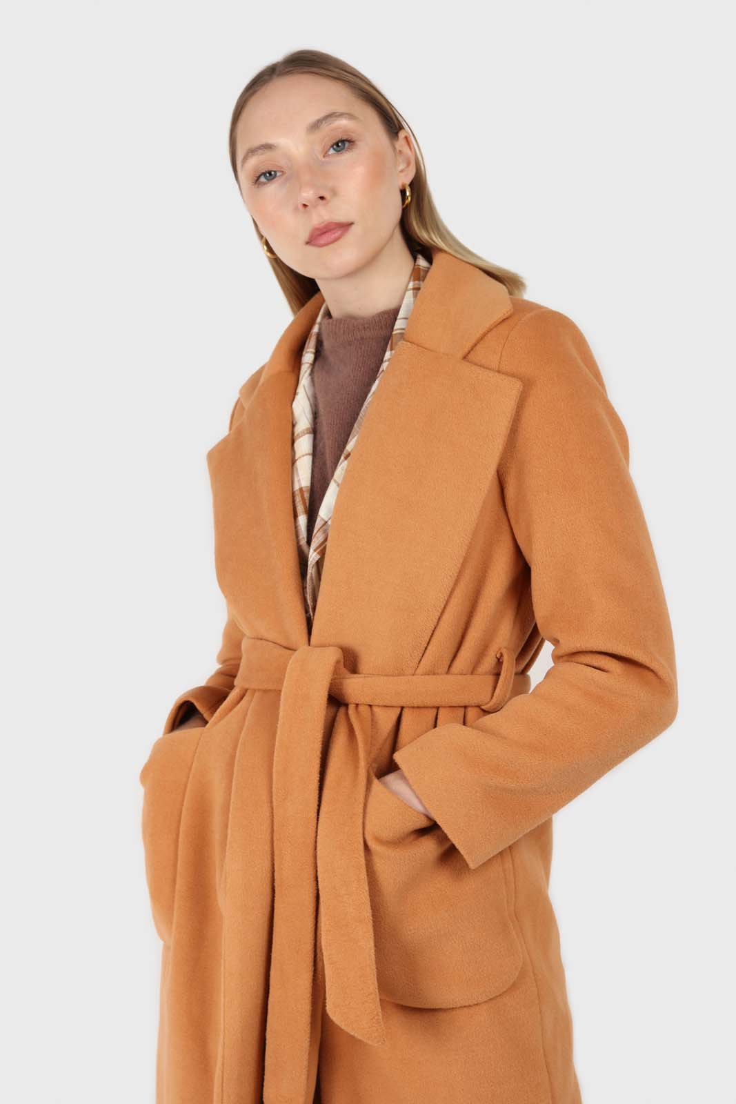 Camel soft wool belted long robe coat_6