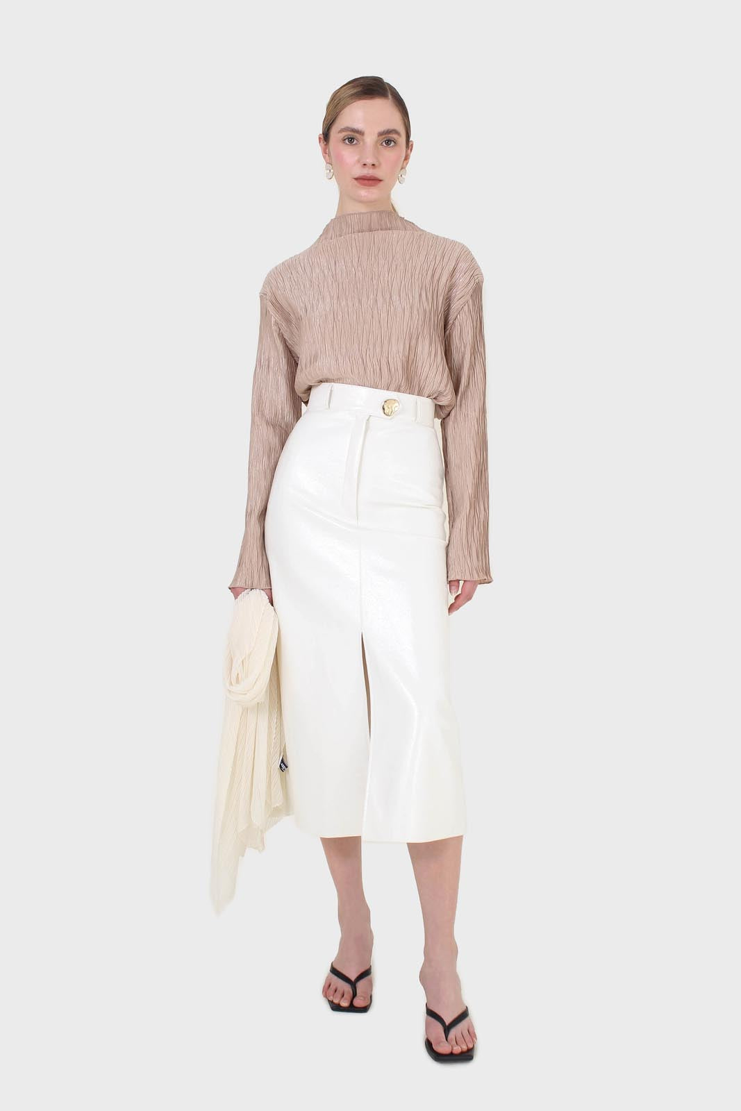 Ivory PVC front slit gold button maxi skirt_4