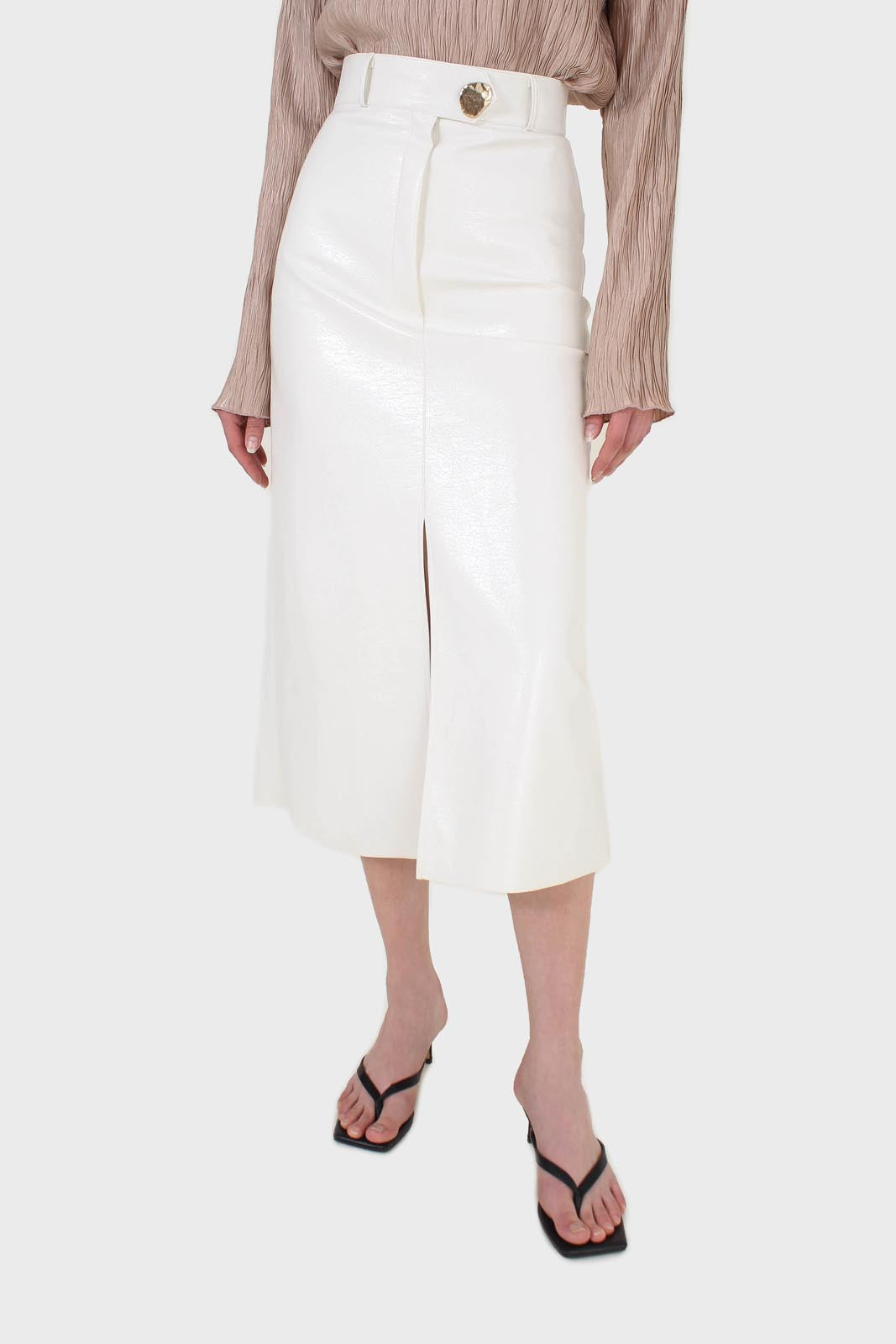 Ivory PVC front slit gold button maxi skirt_1