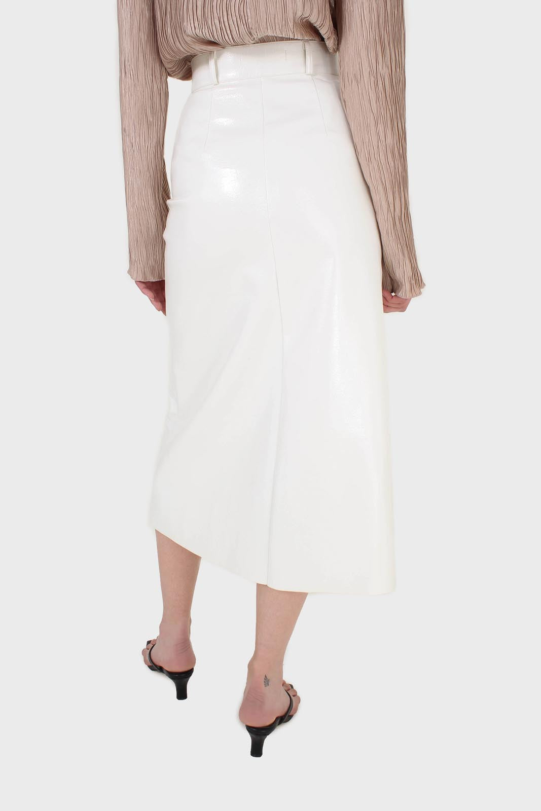 Ivory PVC front slit gold button maxi skirt_3