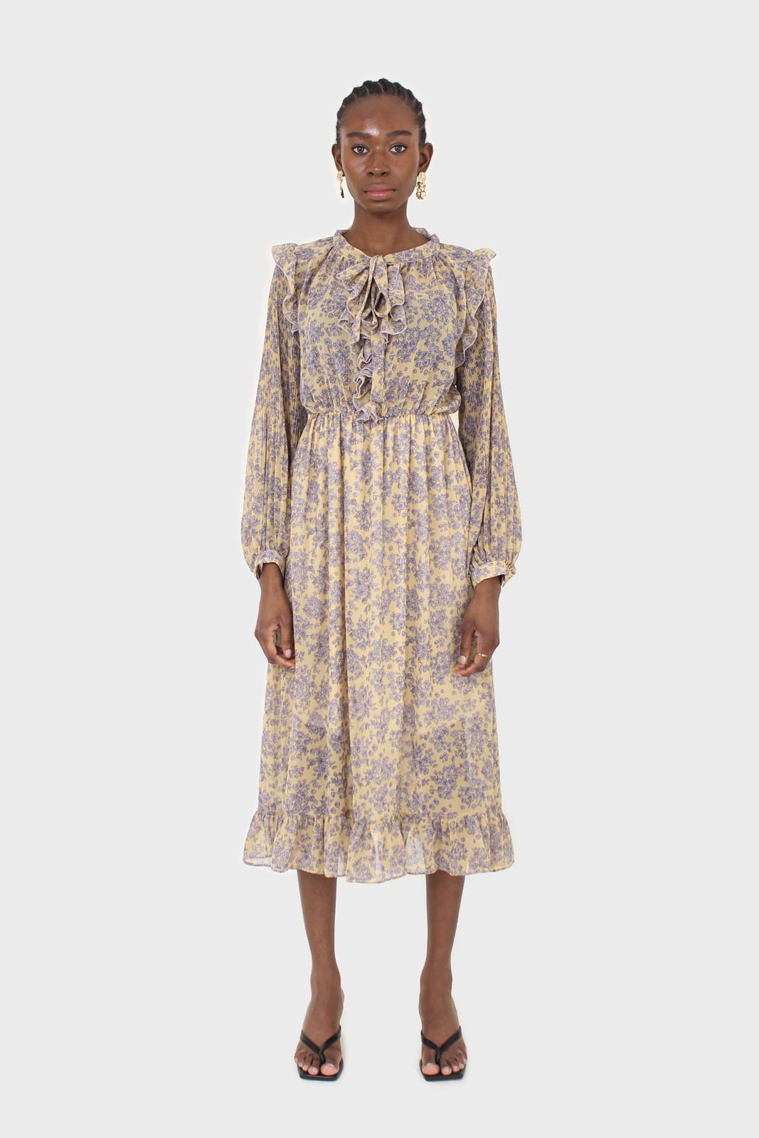 Yellow and grey floral print ruffle trim maxi dress_3