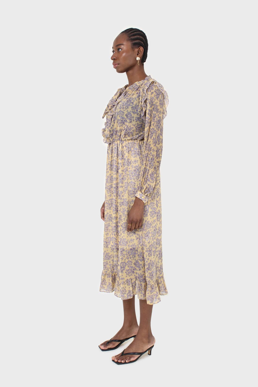 Yellow and grey floral print ruffle trim maxi dress_4