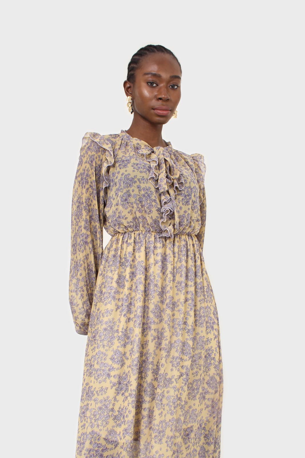 Yellow and grey floral print ruffle trim maxi dress_2