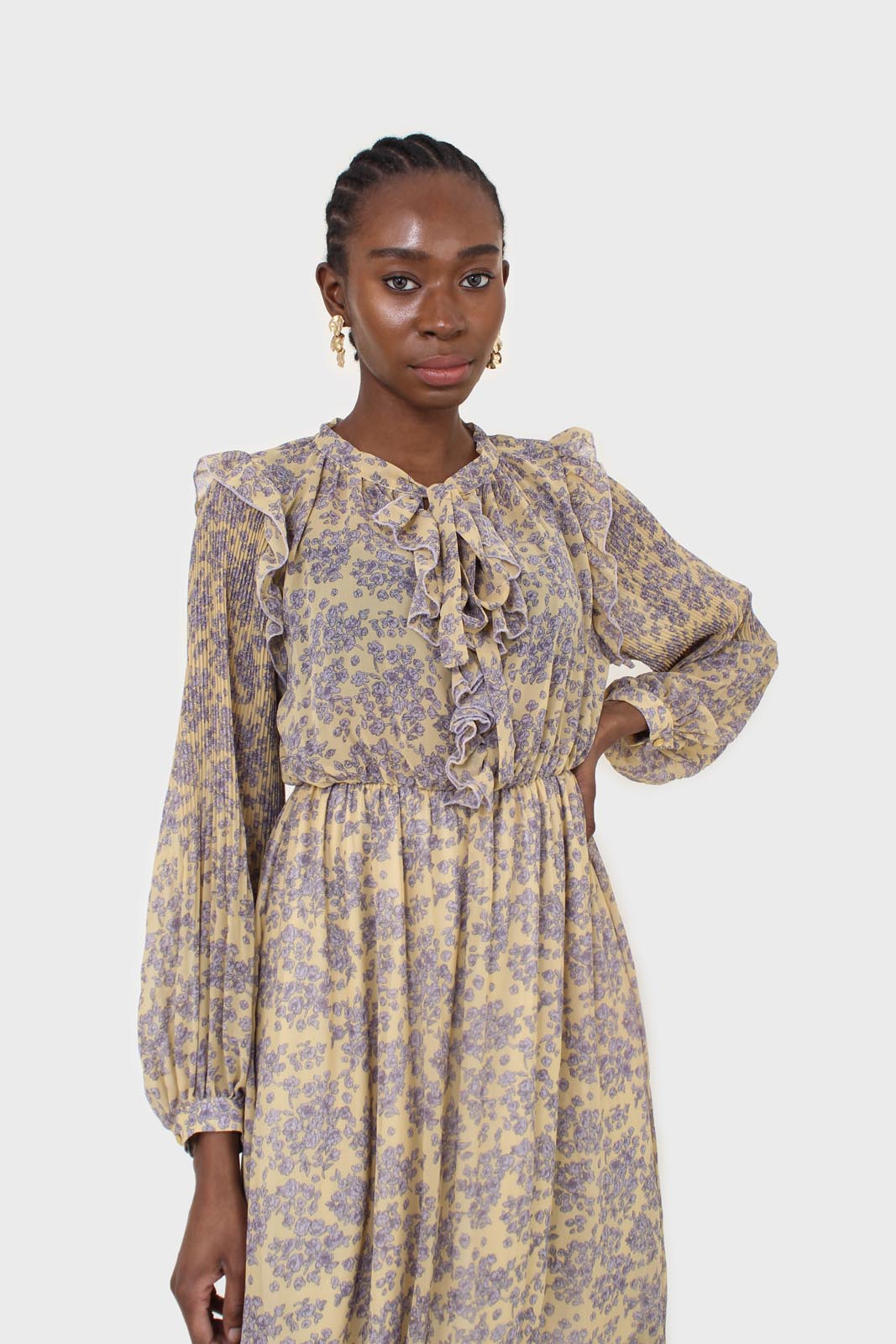 Yellow and grey floral print ruffle trim maxi dress_7