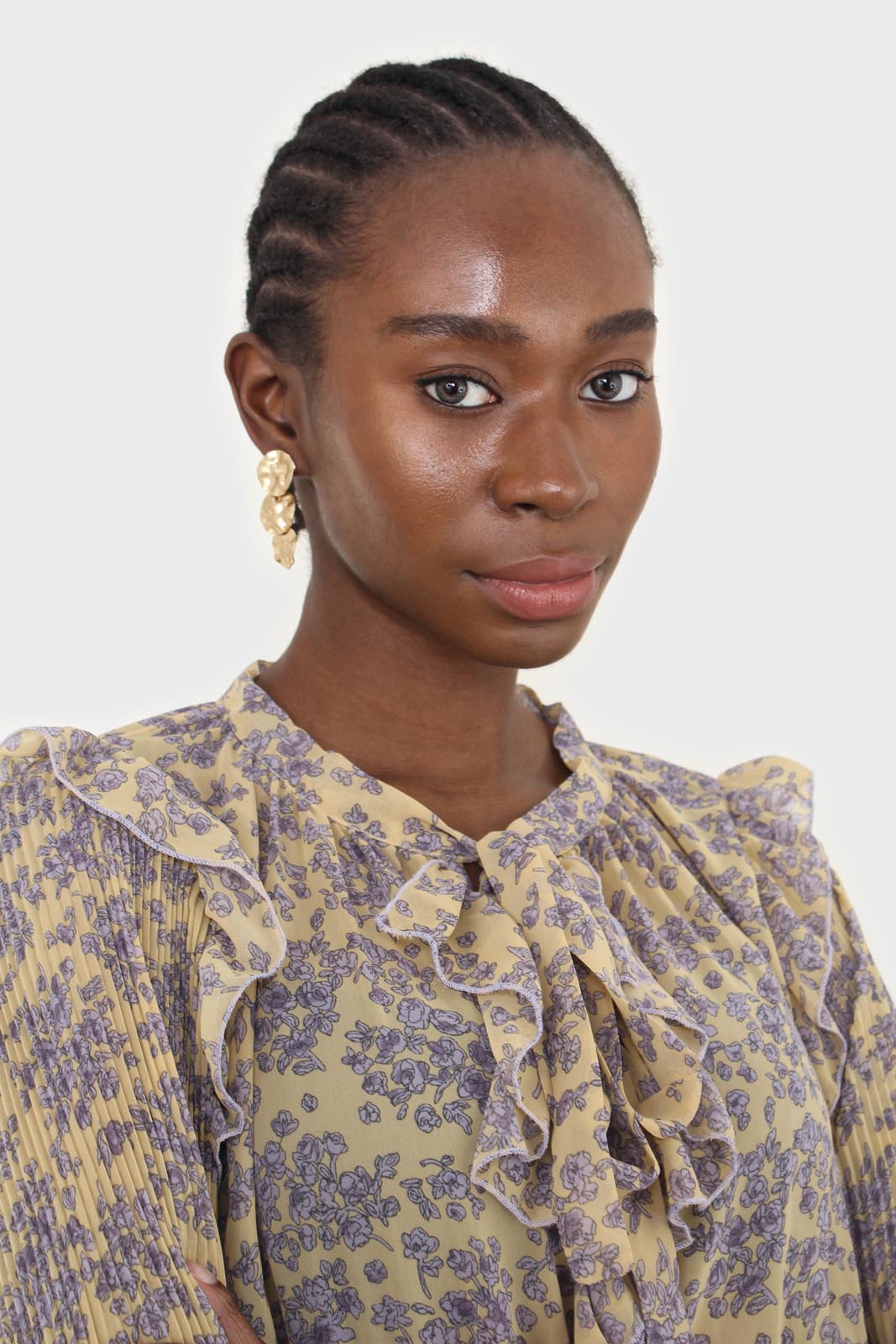 Yellow and grey floral print ruffle trim maxi dress_6