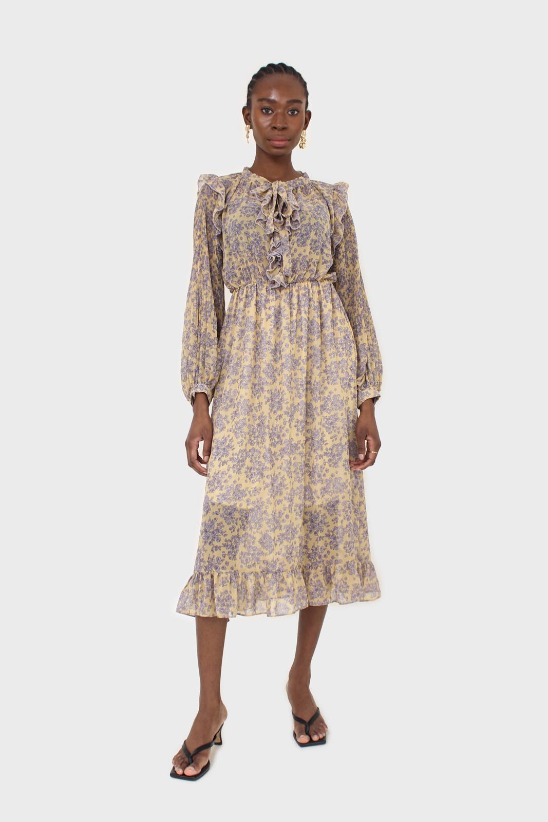 Yellow and grey floral print ruffle trim maxi dress_1