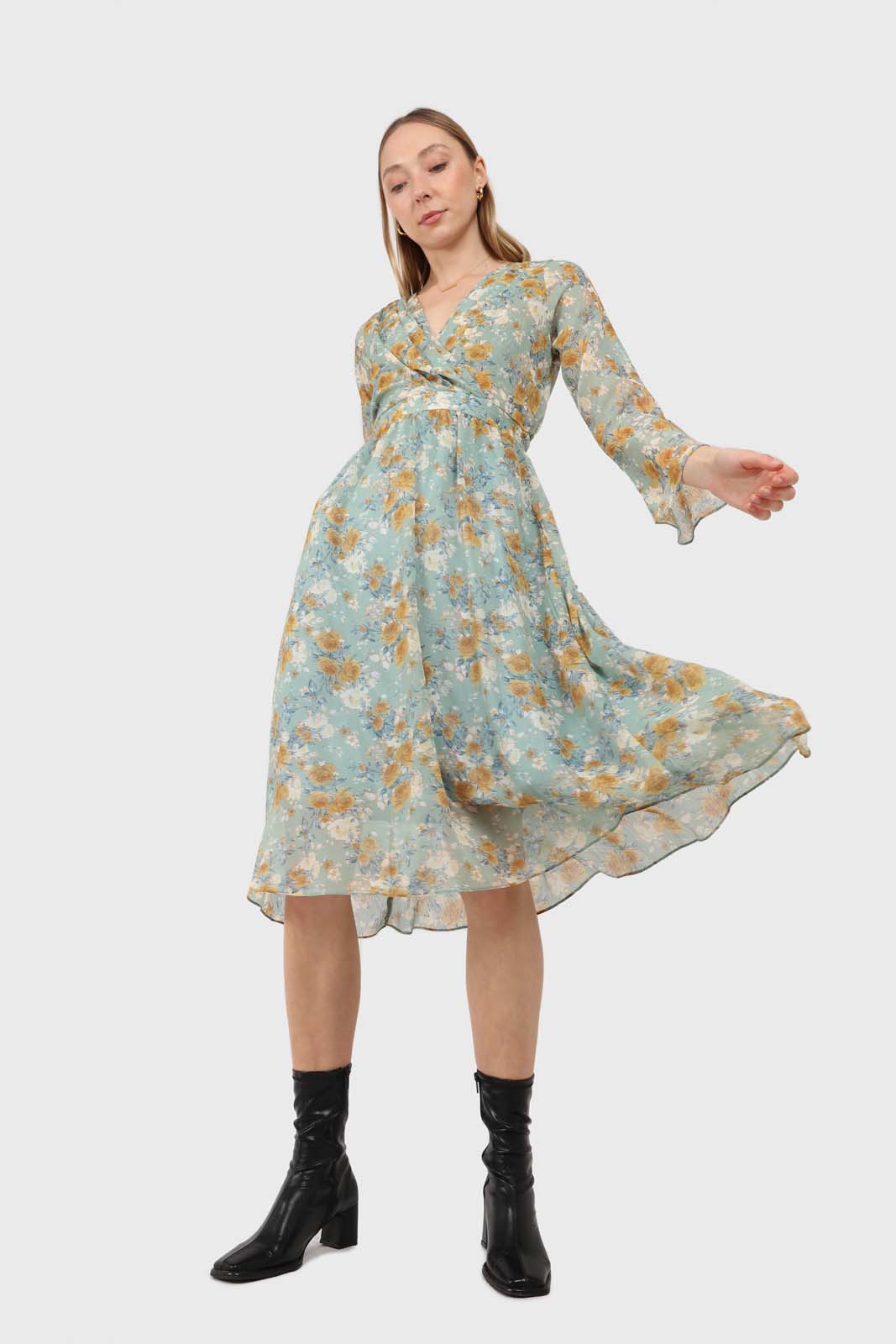 Light blue and mustard floral print layered V dress_1