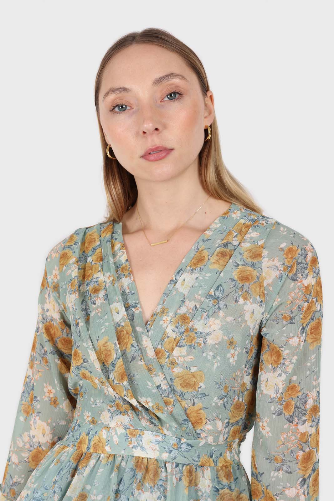 Light blue and mustard floral print layered V dress_5