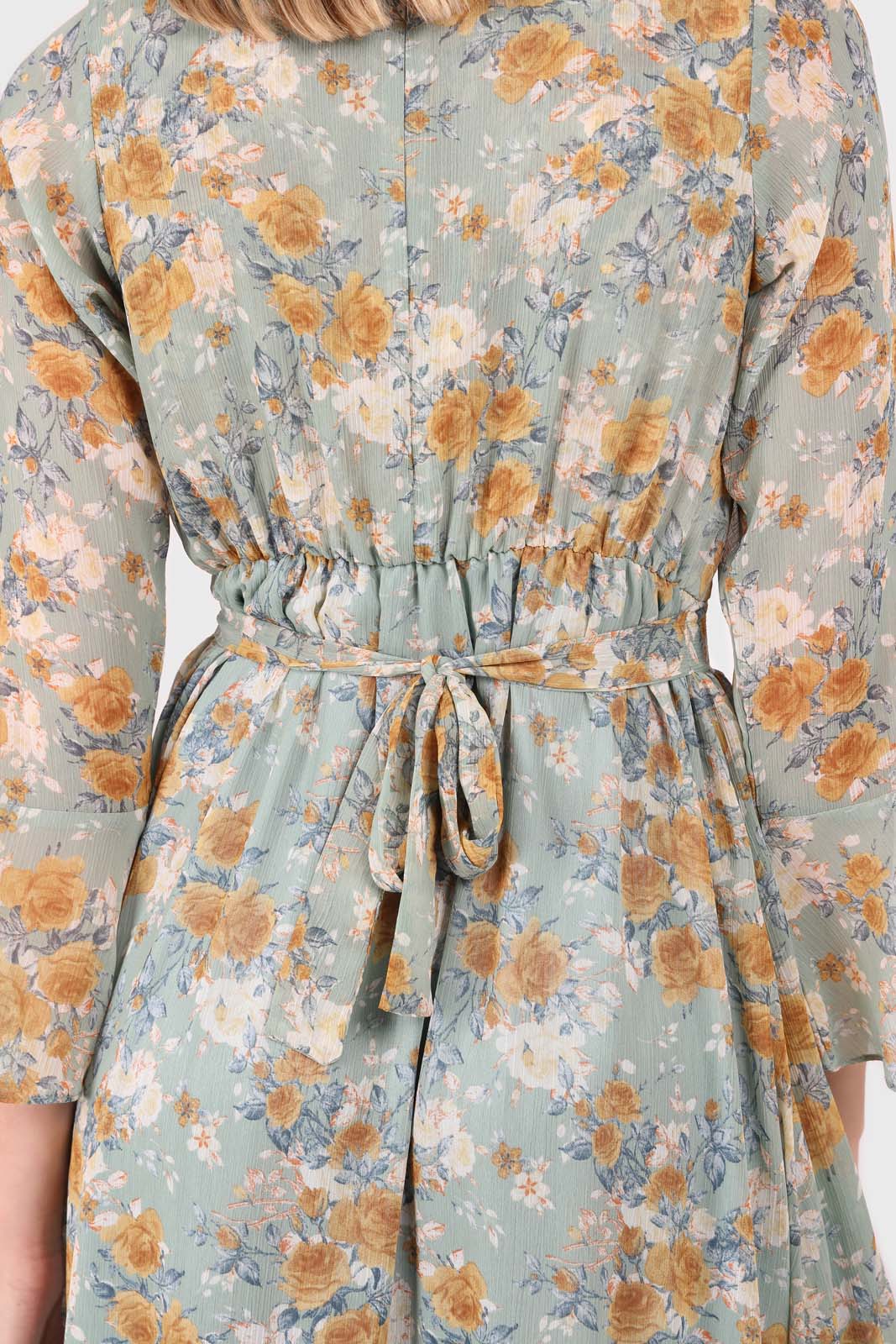 Light blue and mustard floral print layered V dress_6