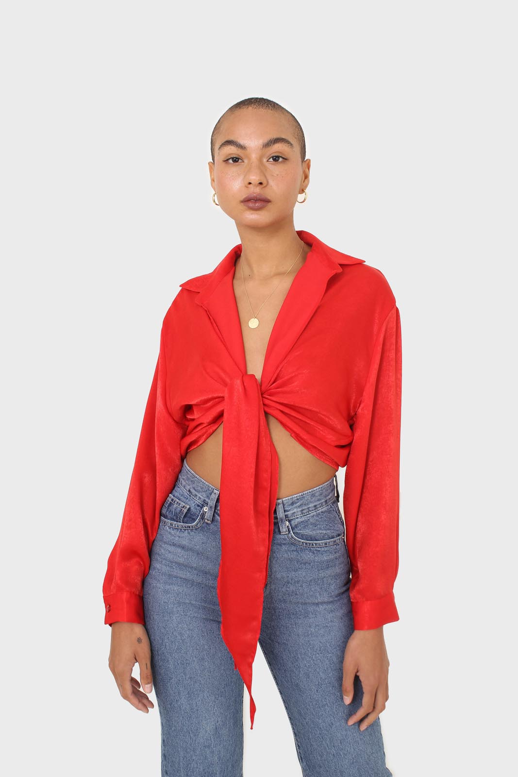 Bright red textured silky plunging tie front shirt_1