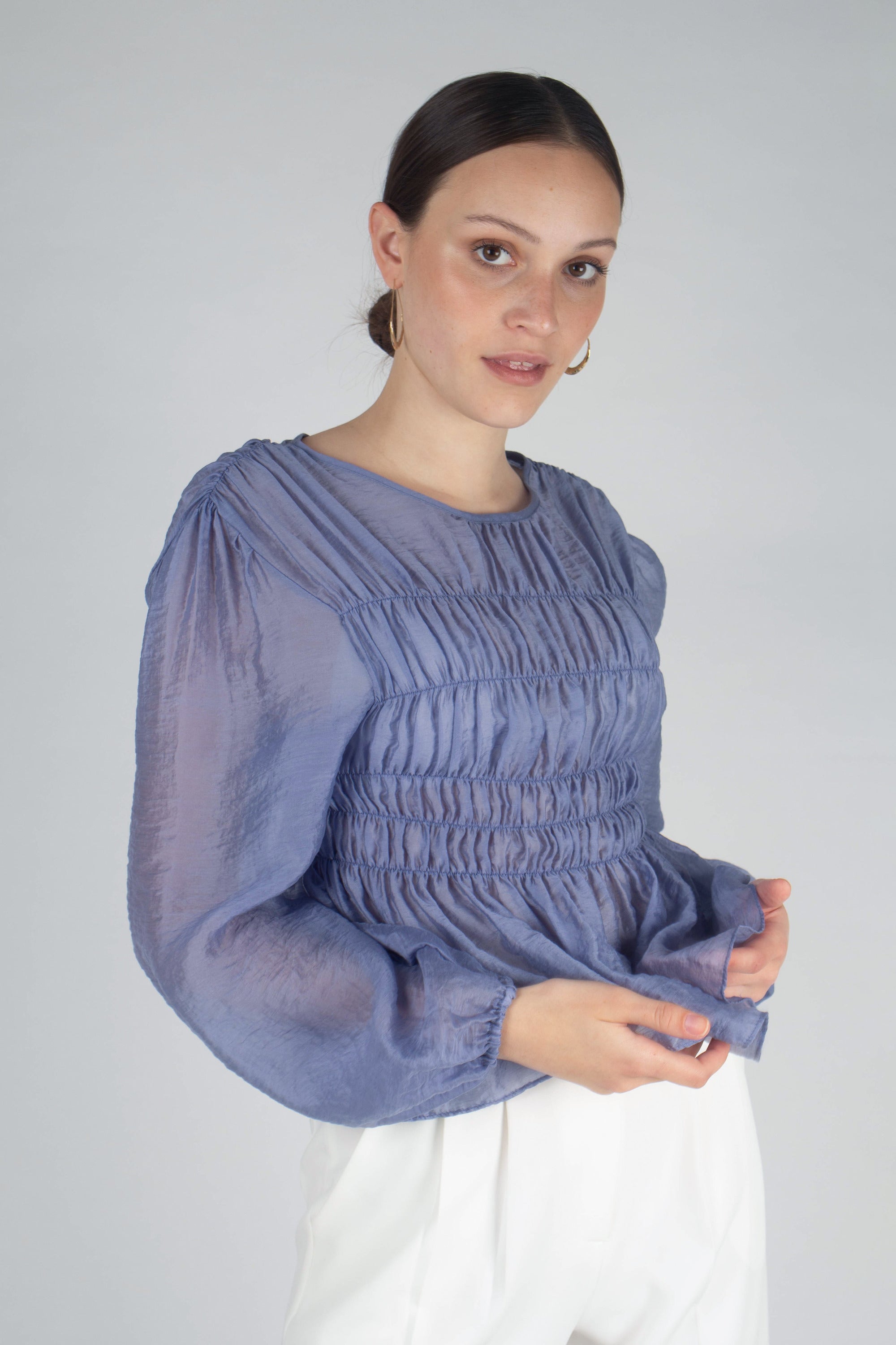 Mid blue silky ruched long sleeved blouse_5
