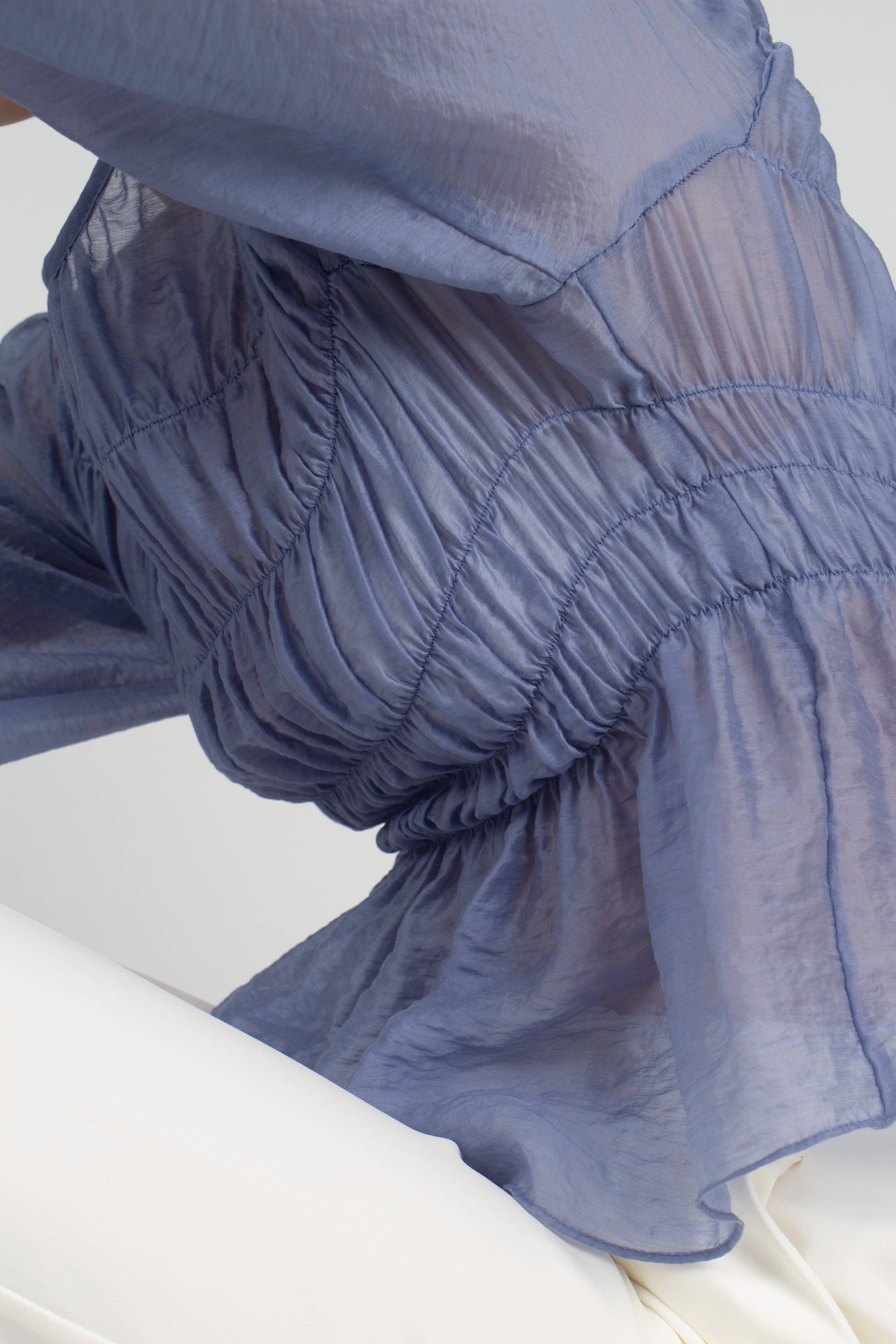 Mid blue silky ruched long sleeved blouse_7
