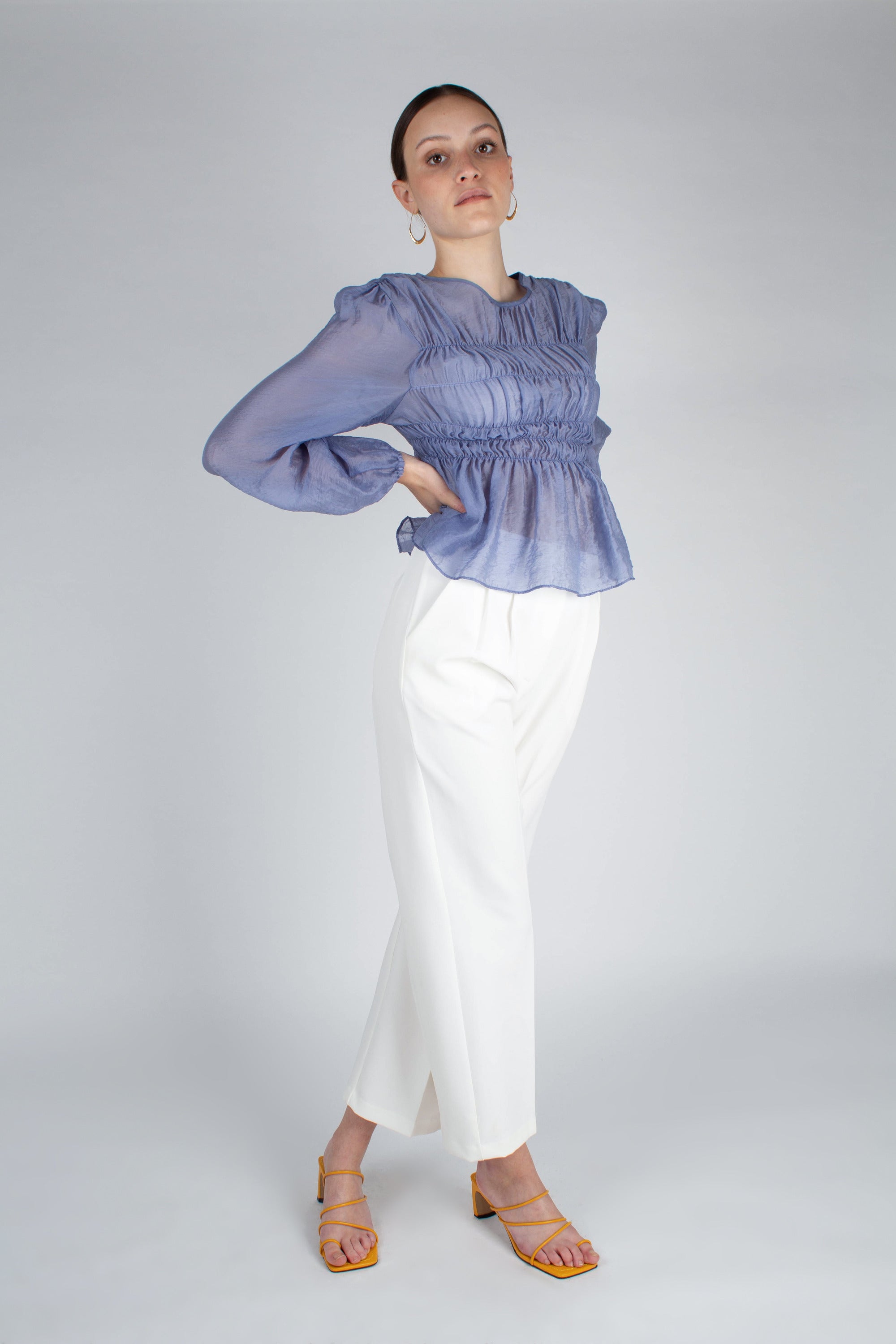 Mid blue silky ruched long sleeved blouse_9