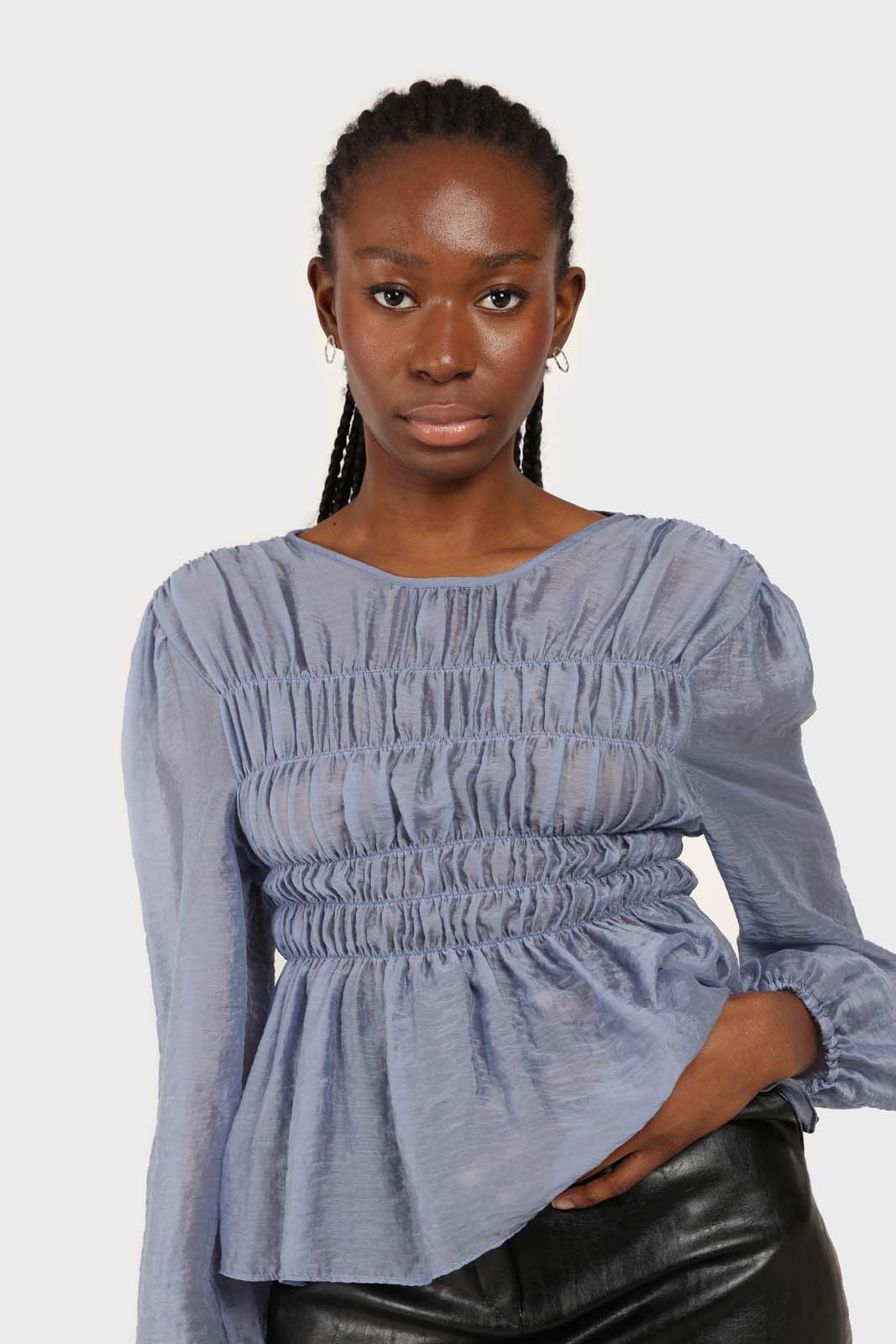 Mid blue silky ruched long sleeved blouse_2