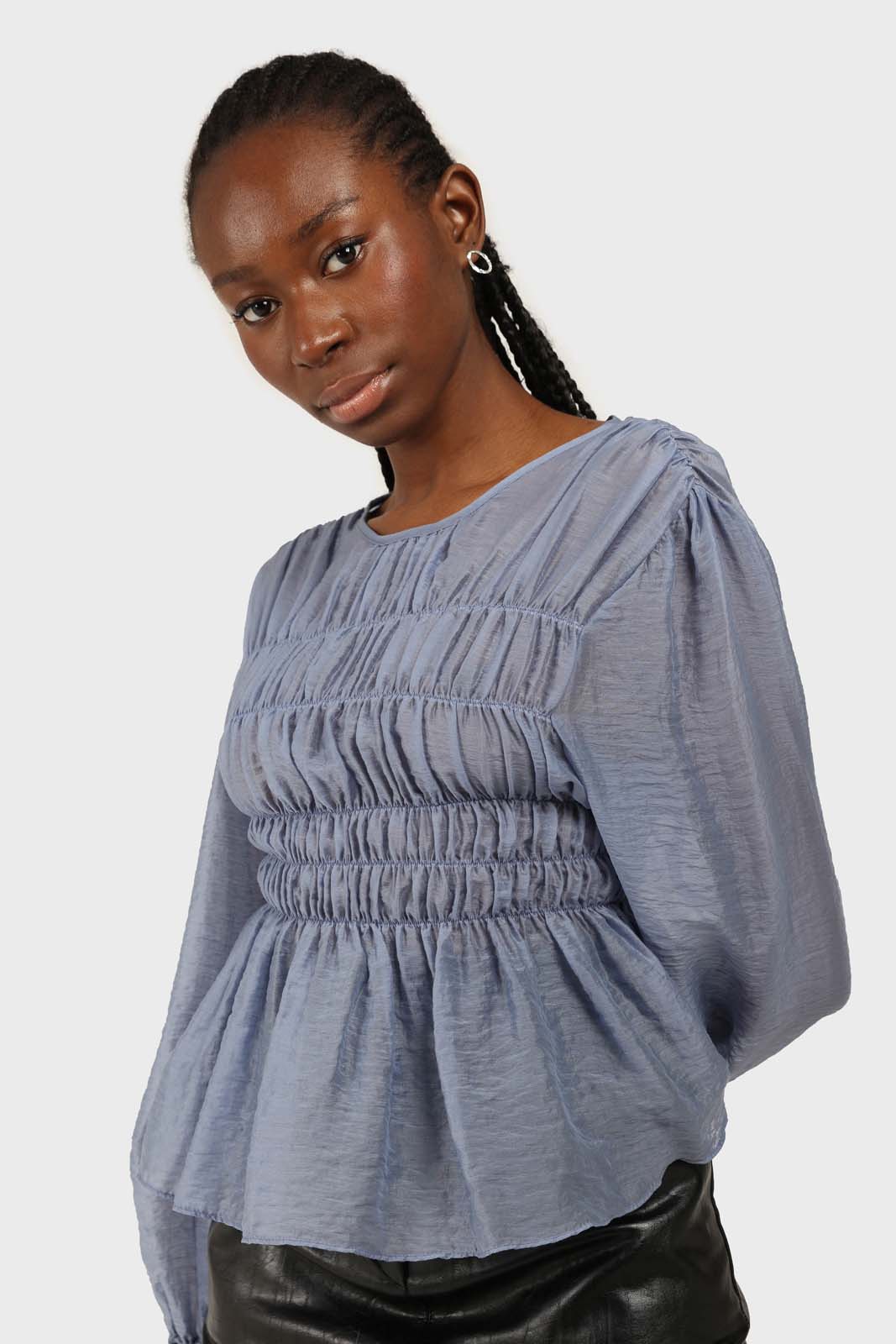 Mid blue silky ruched long sleeved blouse_3