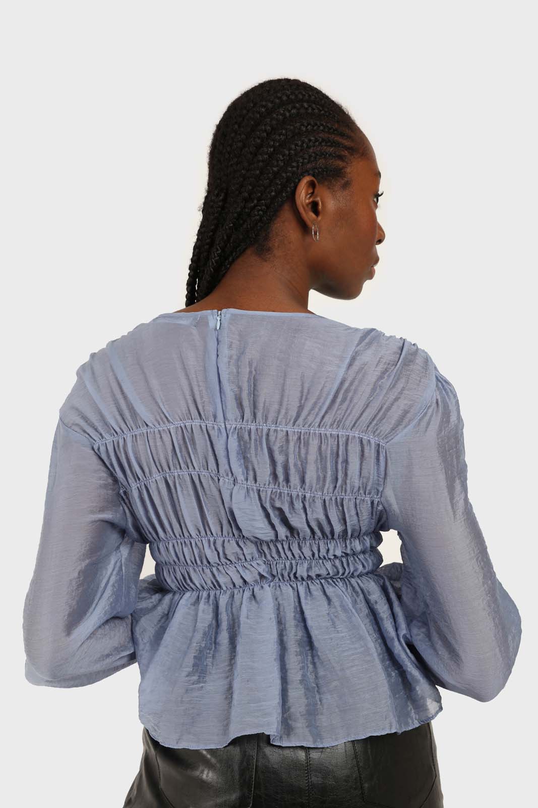 Mid blue silky ruched long sleeved blouse_4