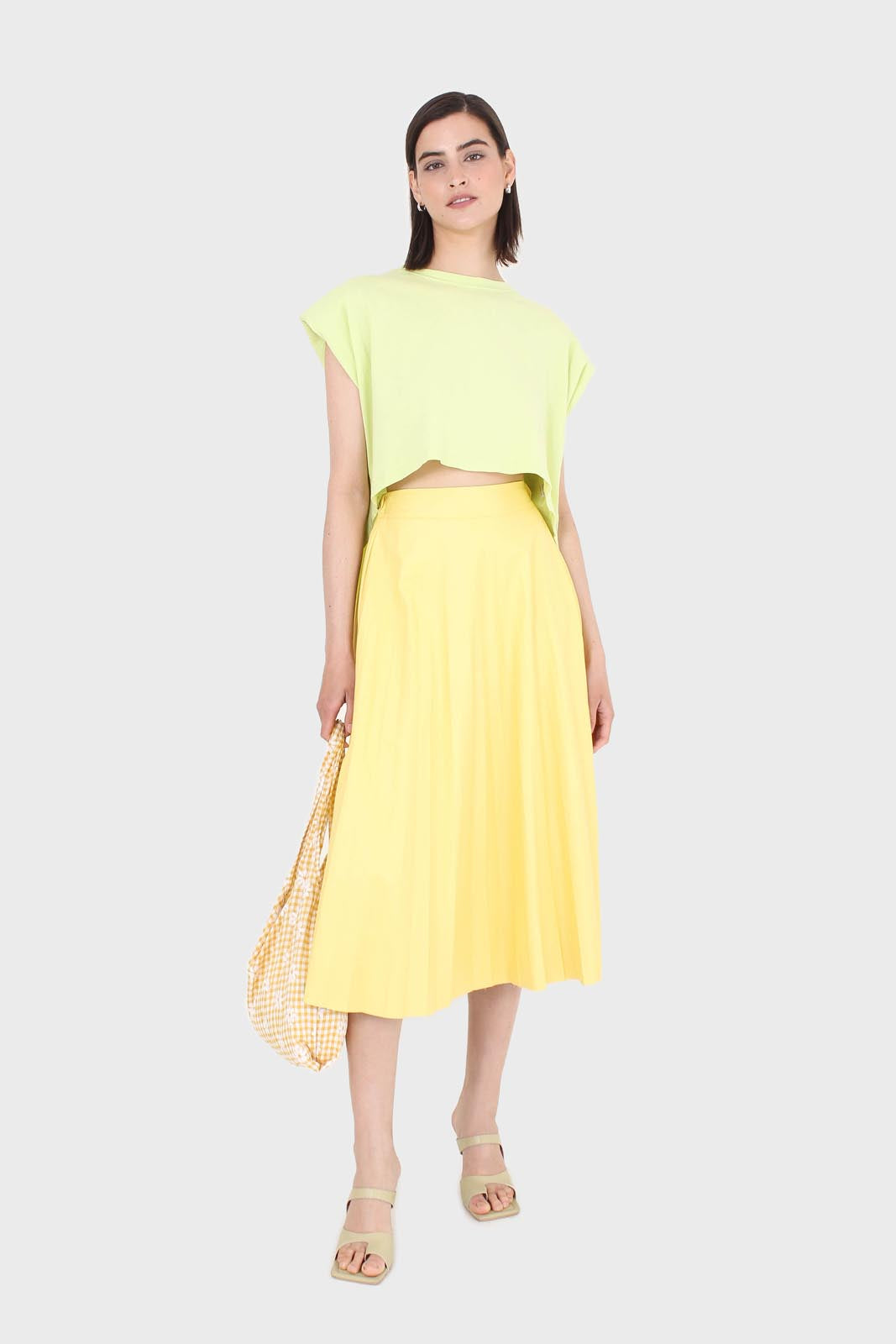 Yellow vegan leather pleated midi skirt_2