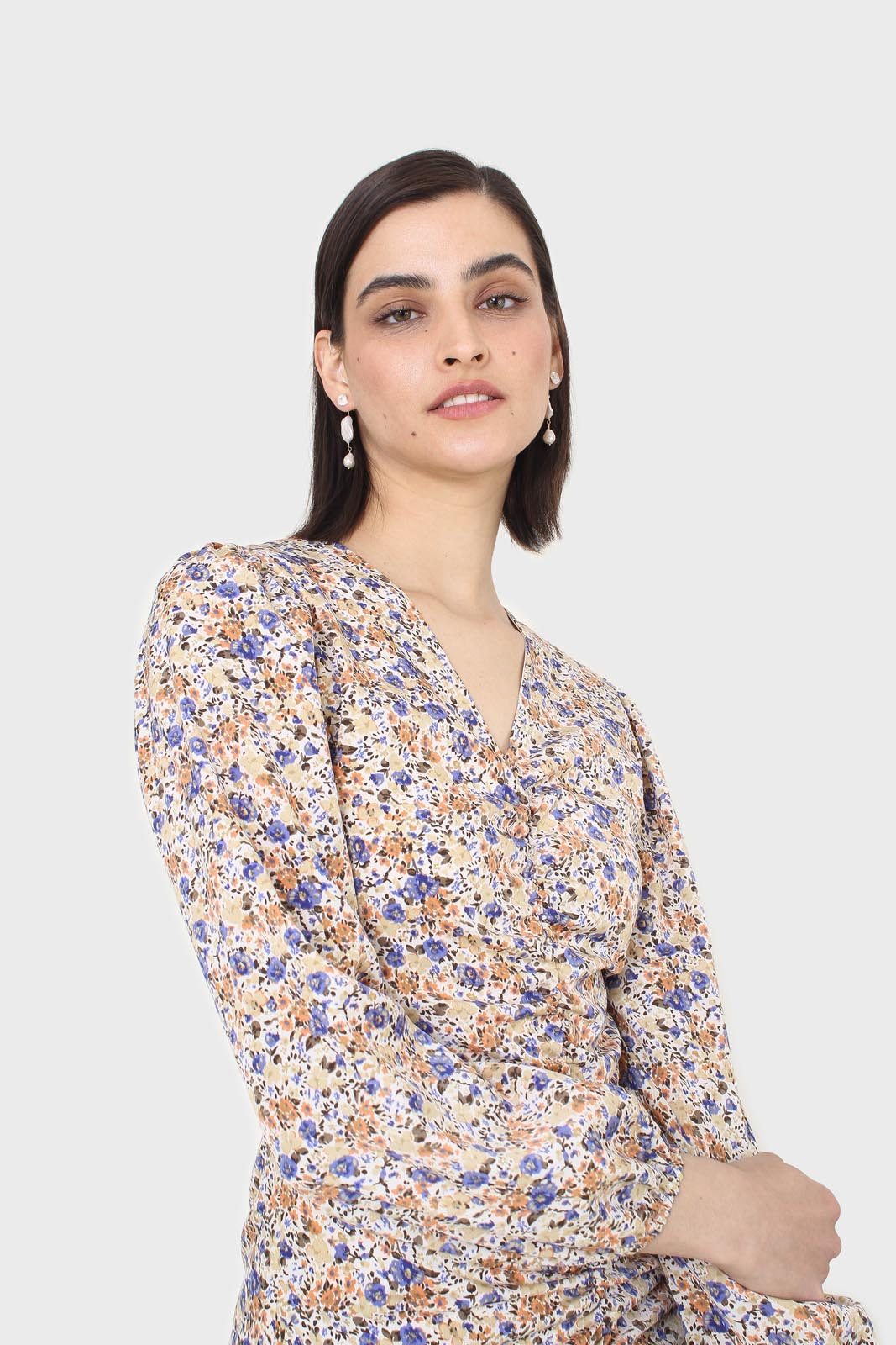 Ivory and orange floral ruched mini dress_2