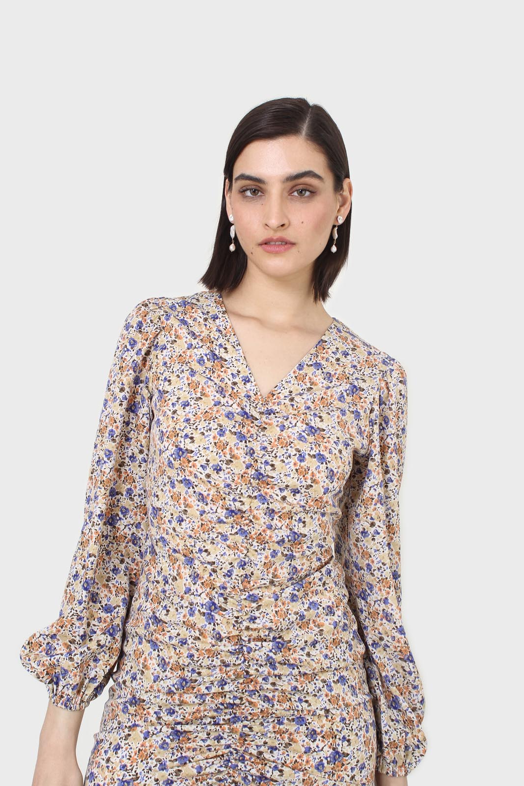 Ivory and orange floral ruched mini dress_11