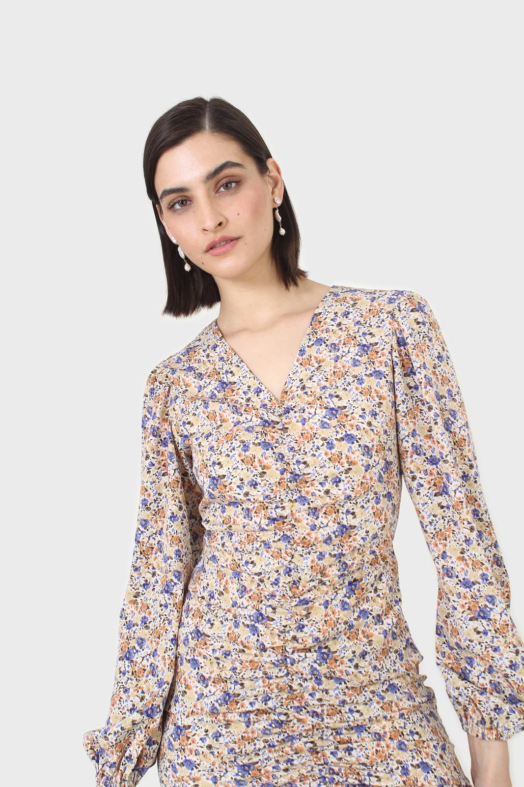 Ivory and orange floral ruched mini dress_13