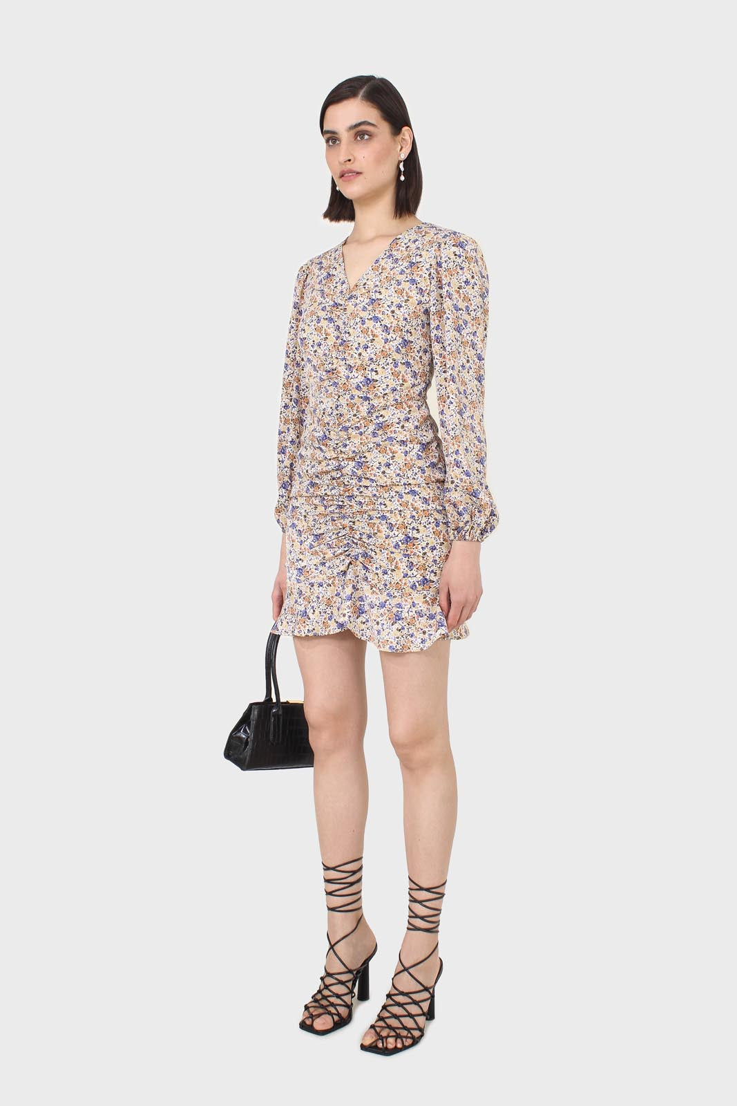 Ivory and orange floral ruched mini dress_4