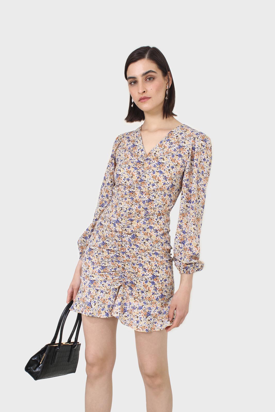 Ivory and orange floral ruched mini dress_5