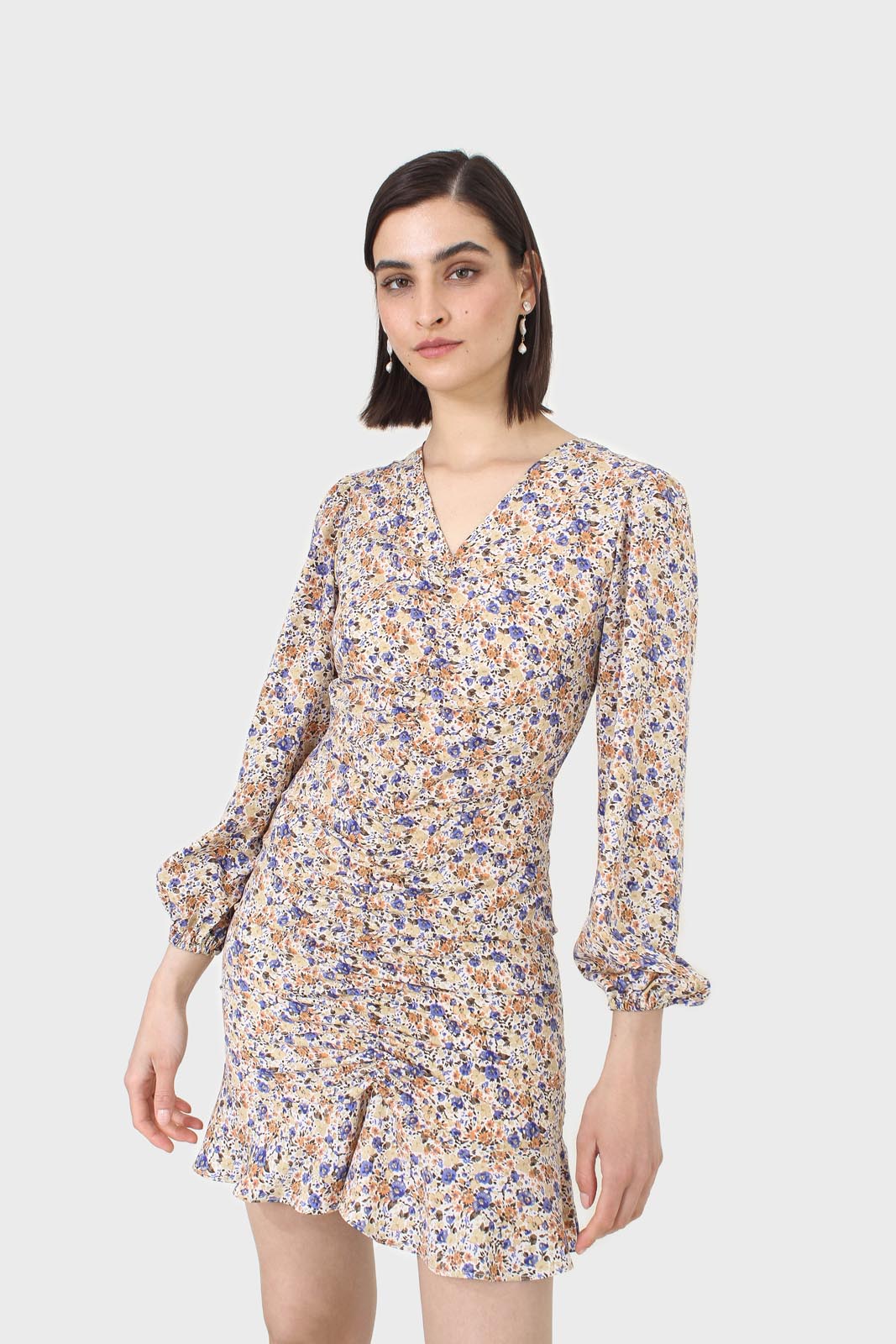 Ivory and orange floral ruched mini dress_8