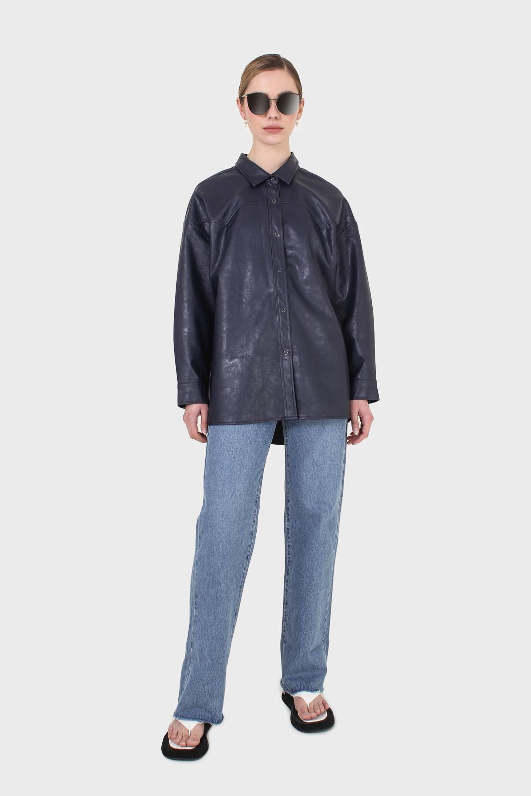 Navy vegan leather oversized shirt_4