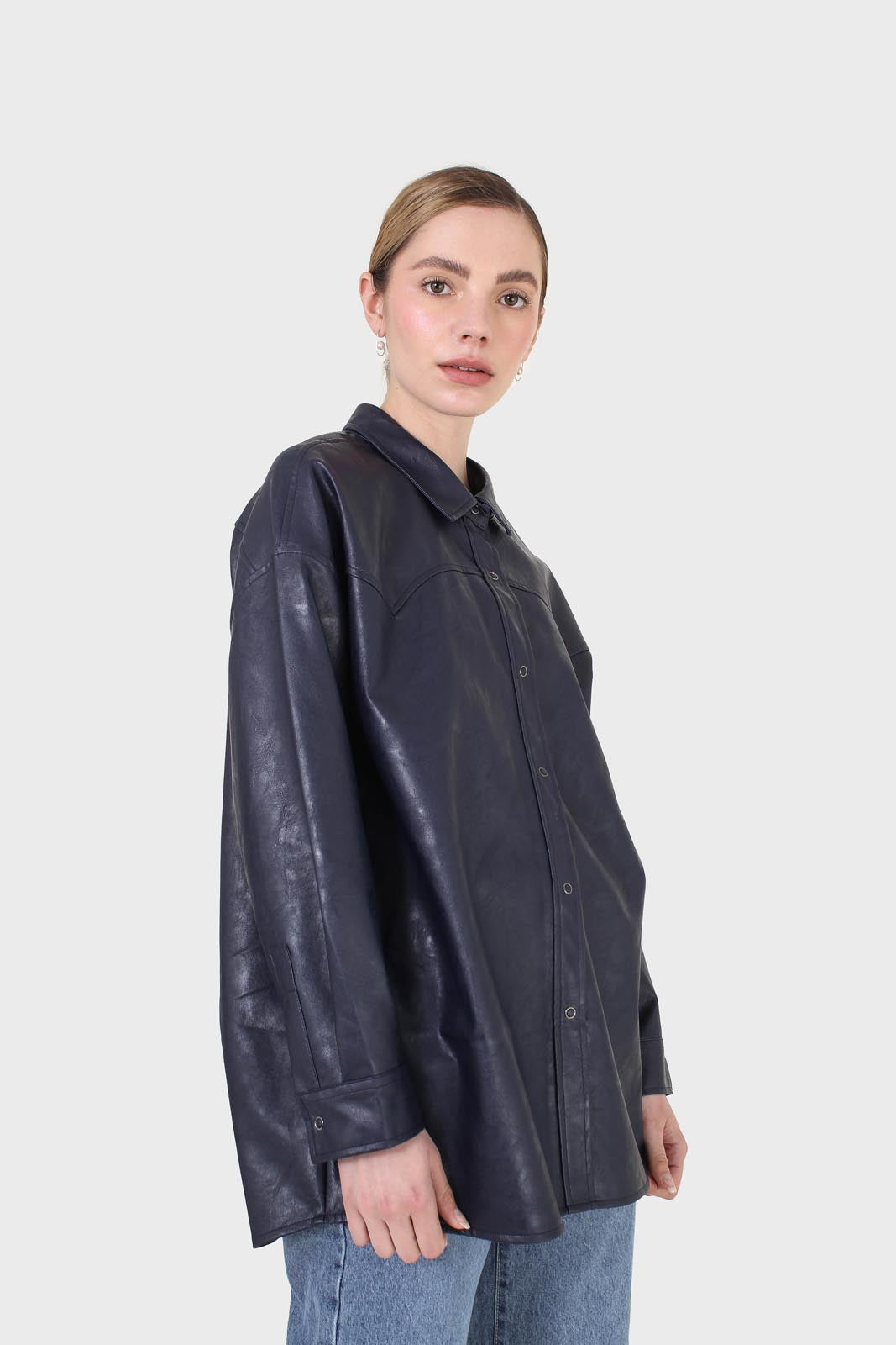 Navy vegan leather oversized shirt_3