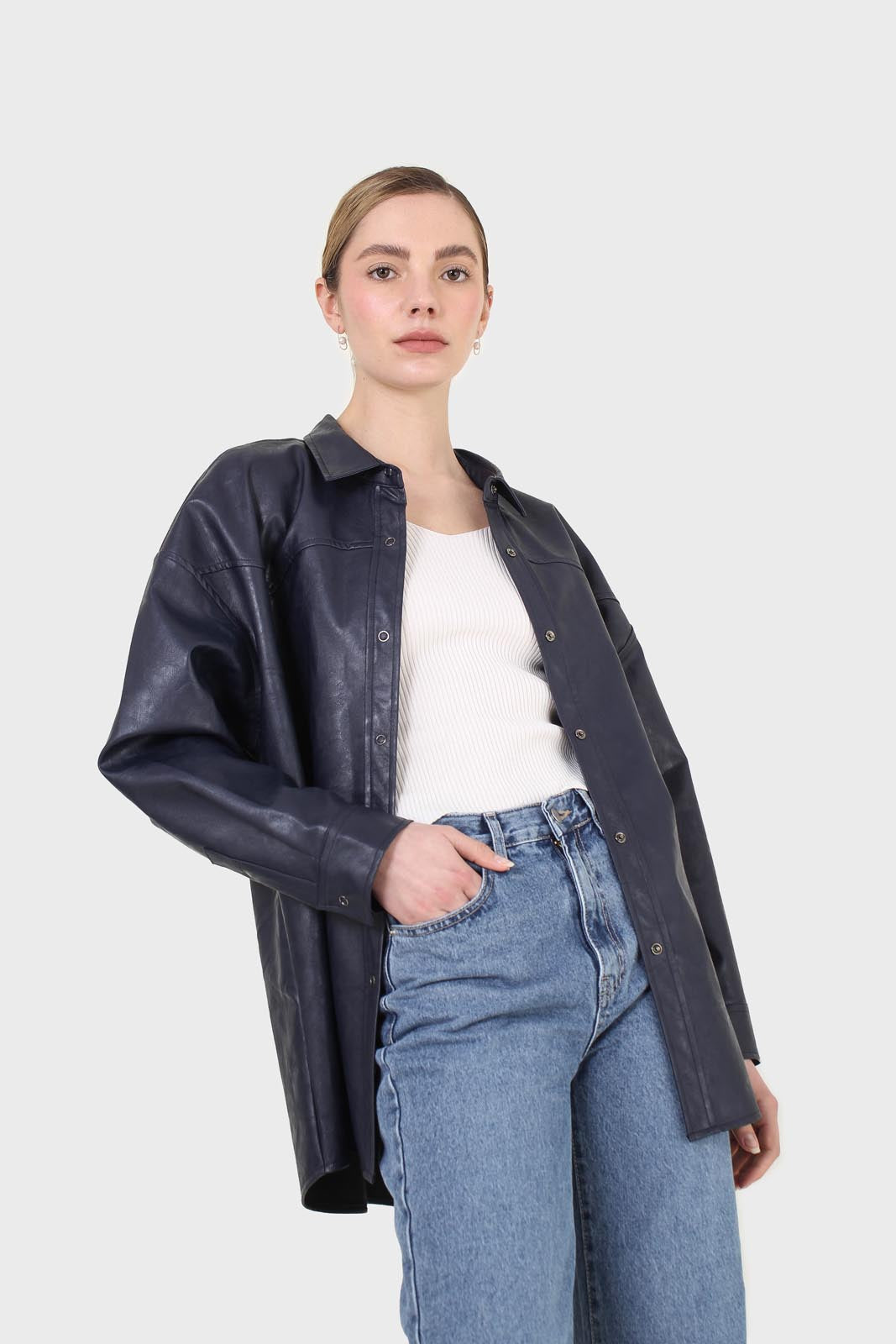 Navy vegan leather oversized shirt_1