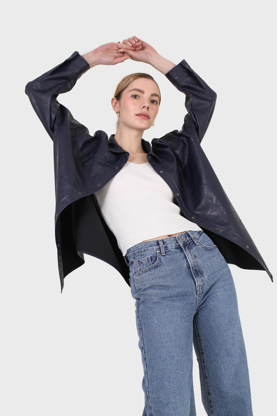 Navy vegan leather oversized shirt_6