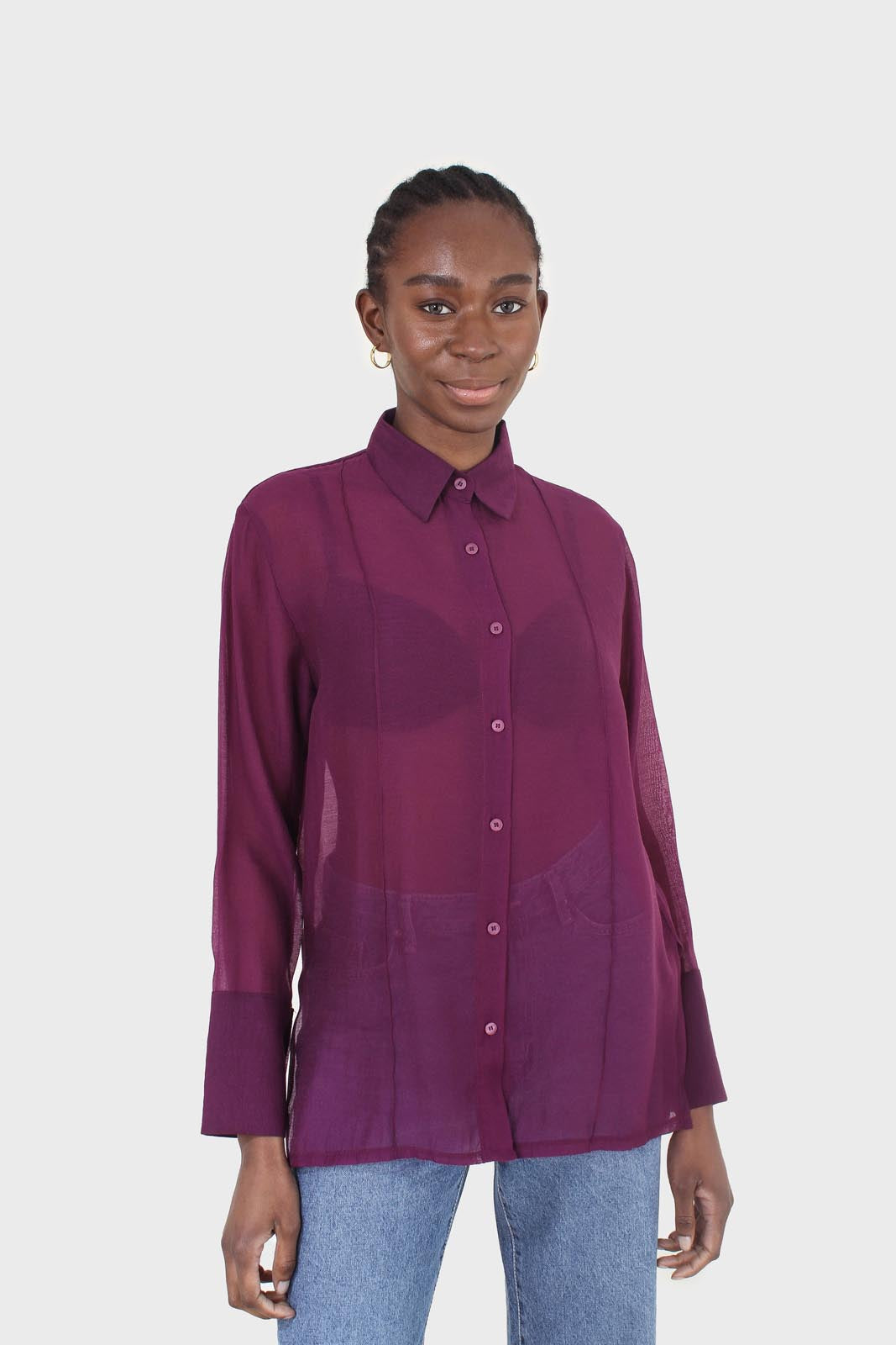 Purple pintuck sheer oversized long shirt_3
