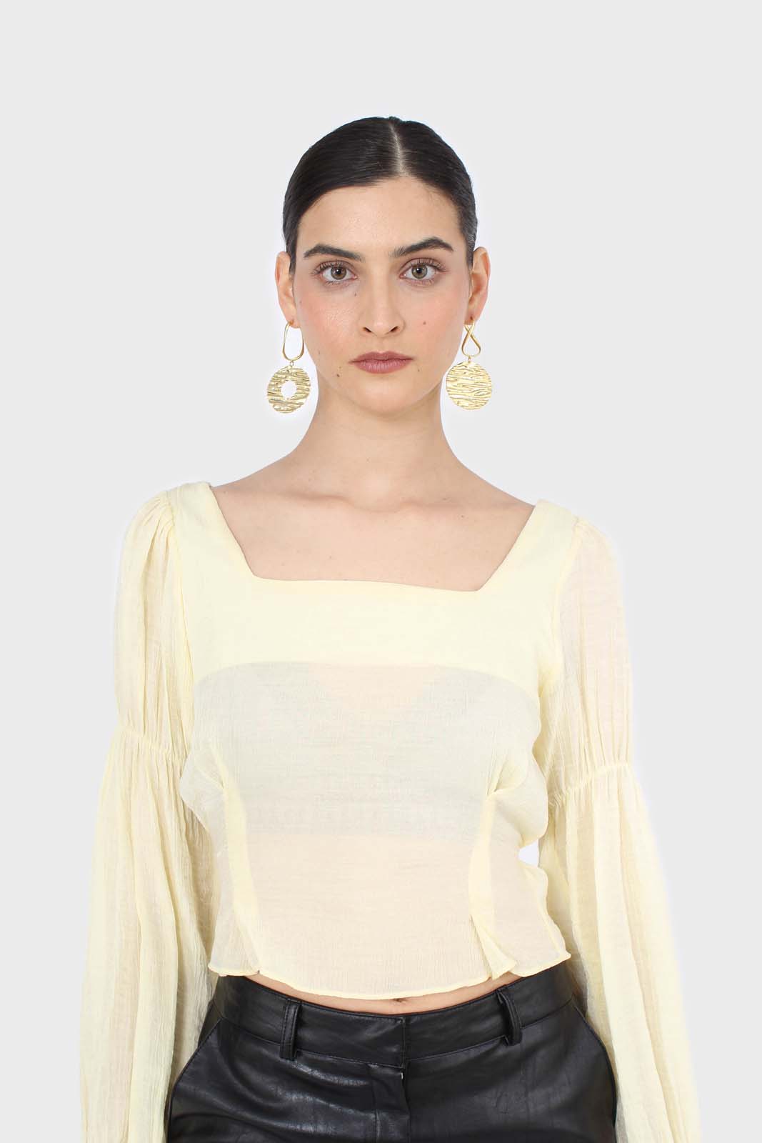 Yellow balloon sleeve bodice tie back top_1