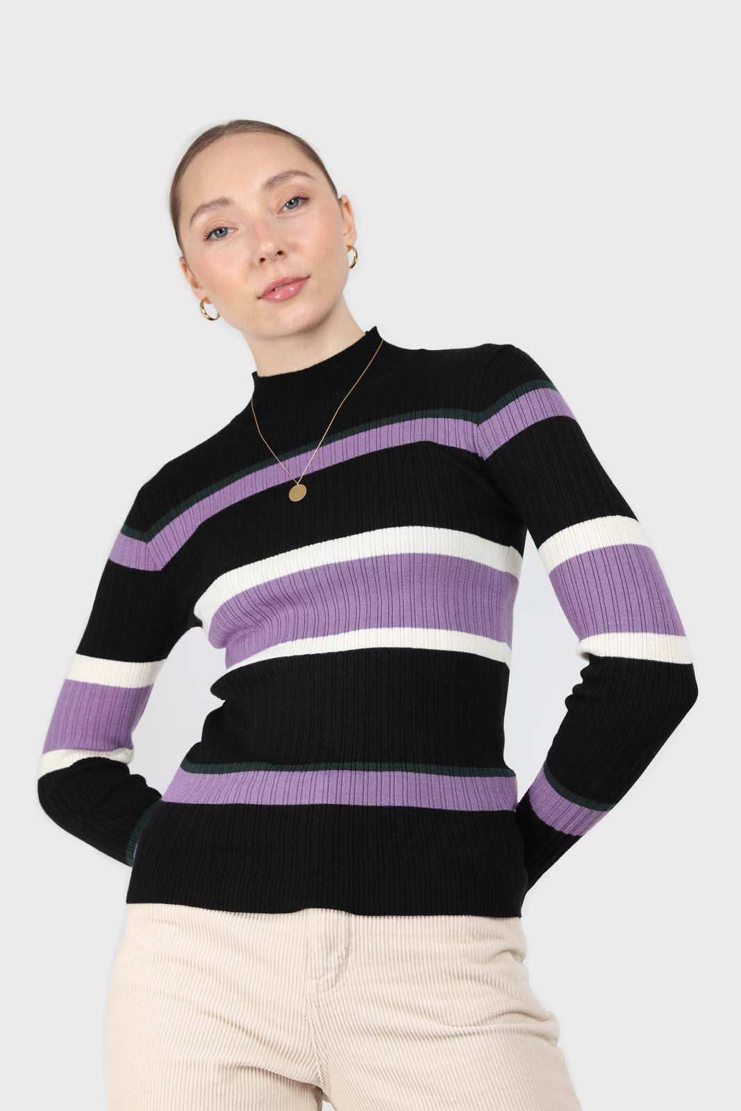 Black and lilac multi stripe long sleeve top_1