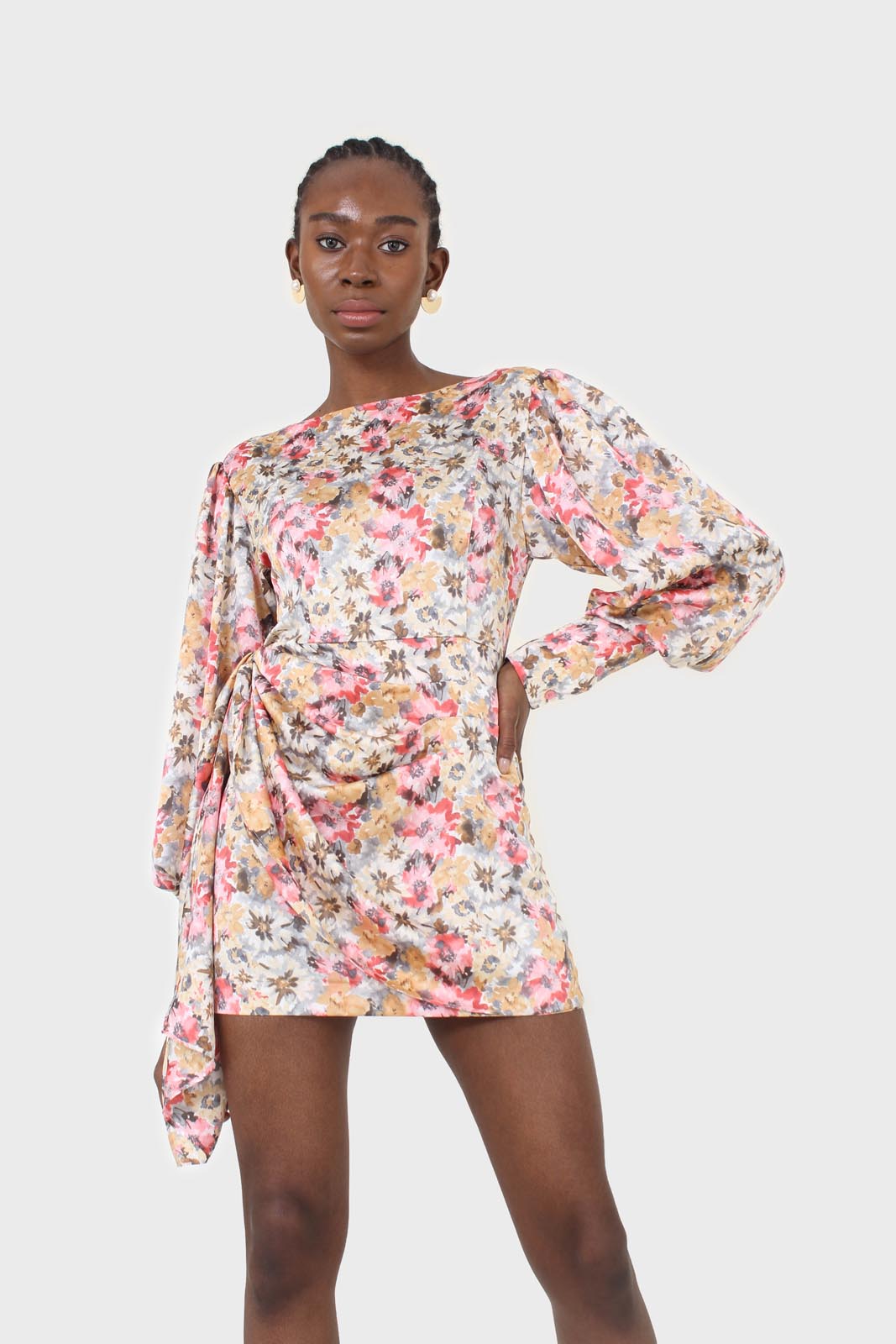 Pink balloon sleeve floral tie waist mini dress_8