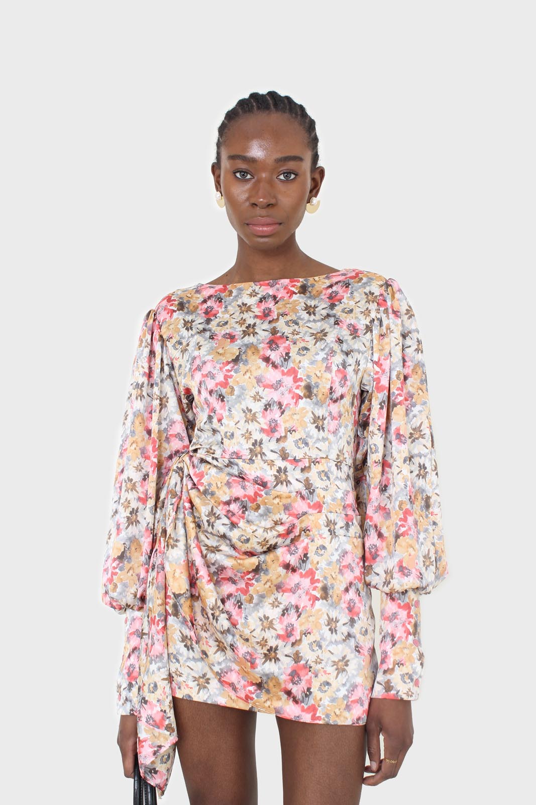 Pink balloon sleeve floral tie waist mini dress_9