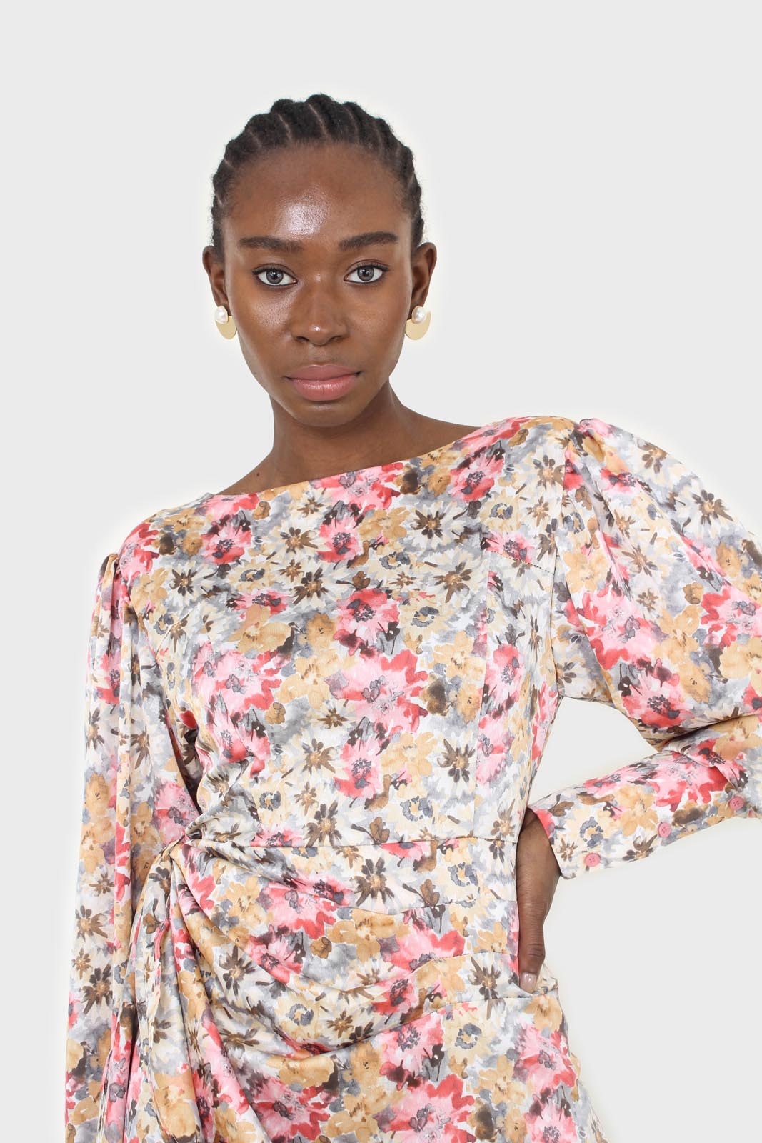 Pink balloon sleeve floral tie waist mini dress_2