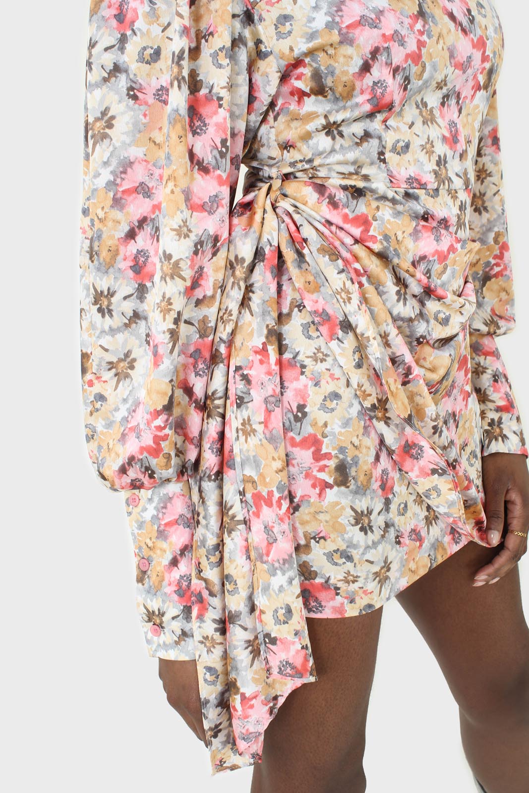 Pink balloon sleeve floral tie waist mini dress_7