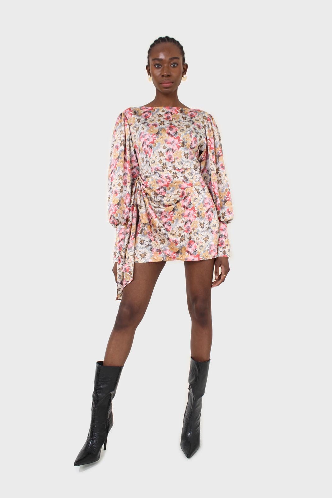 Pink balloon sleeve floral tie waist mini dress_4