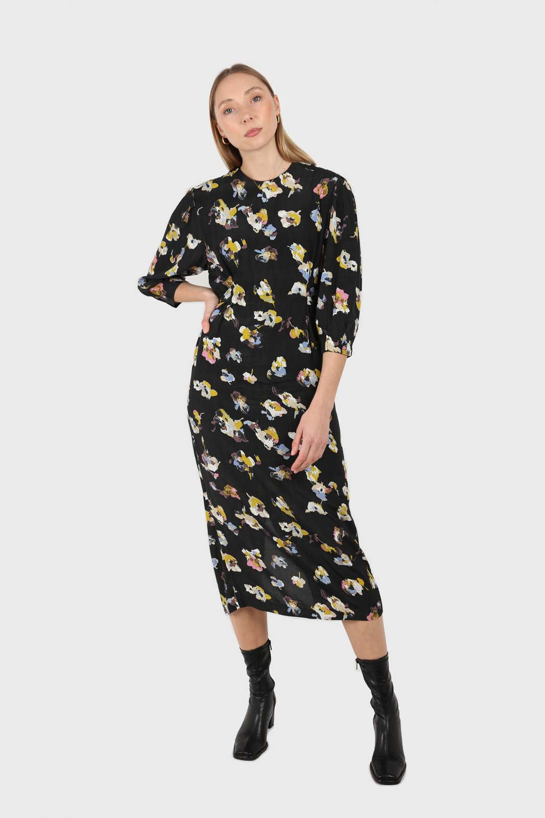 Black floral bias cut long sleeved maxi dress_1