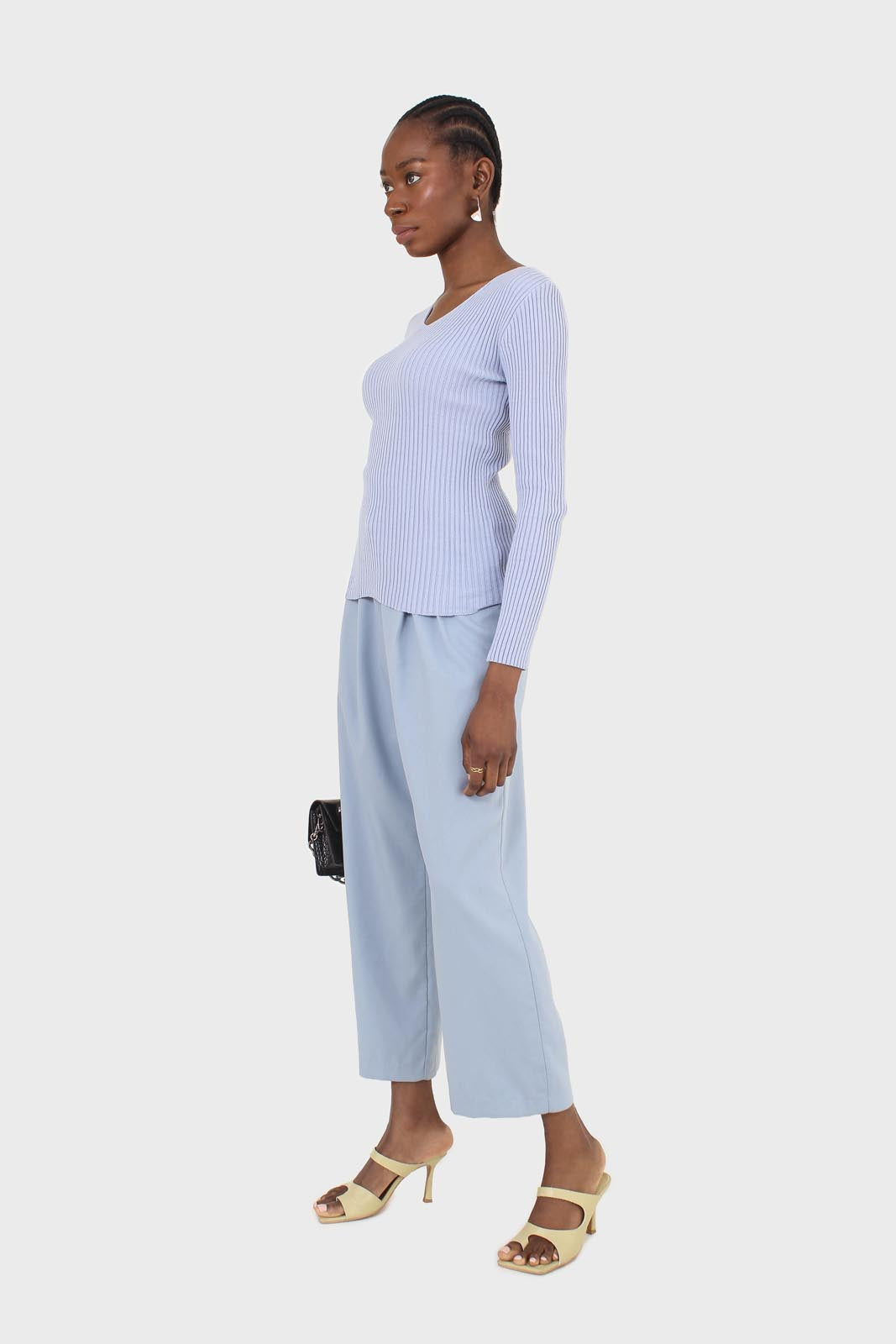 Mid blue wide leg tab waist smart trousers_6