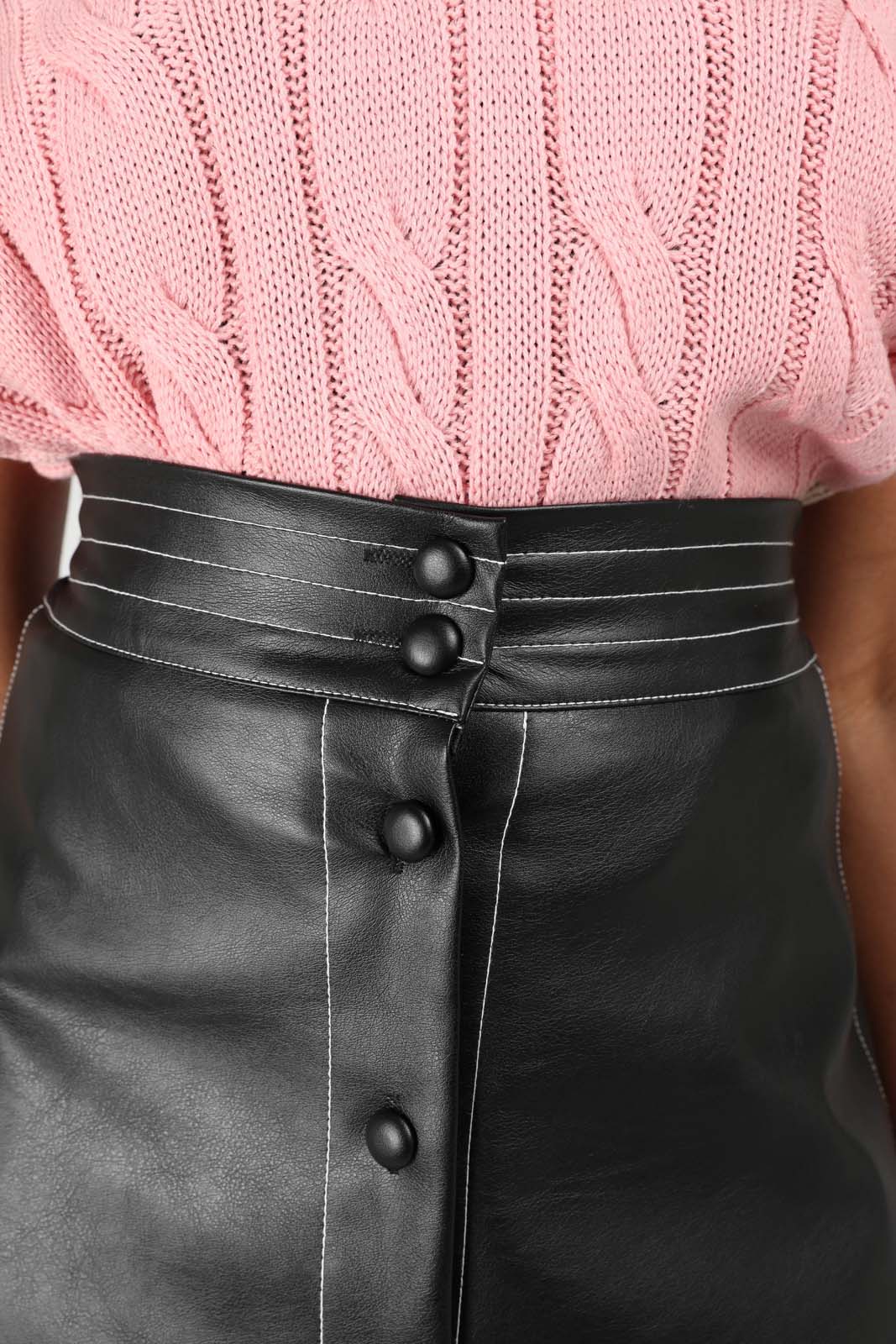 Black vegan leather contrast stitch button maxi skirt_5