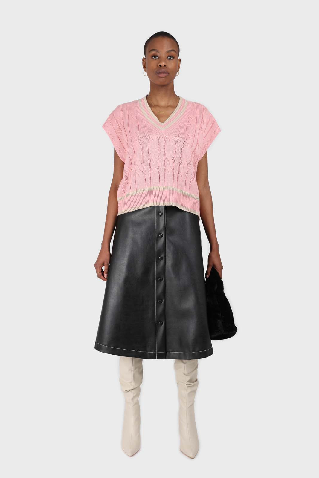 Black vegan leather contrast stitch button maxi skirt_4