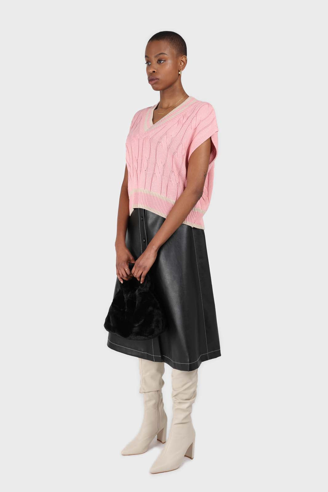 Black vegan leather contrast stitch button maxi skirt_1