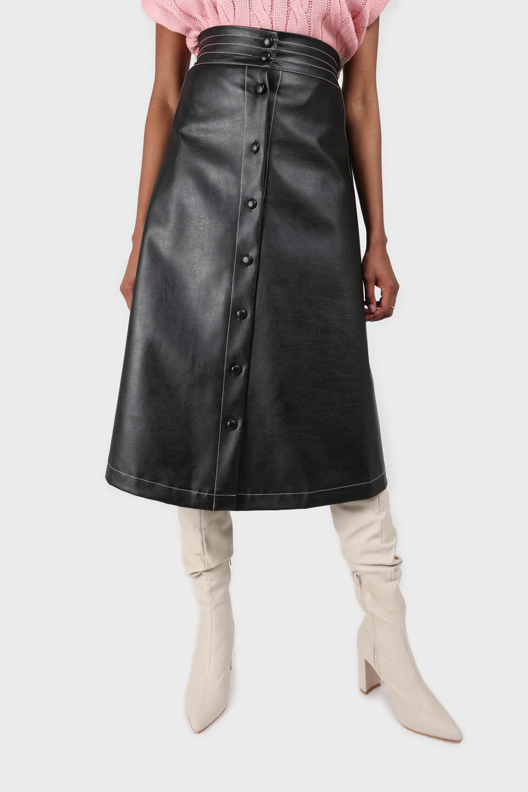 Black vegan leather contrast stitch button maxi skirt_2
